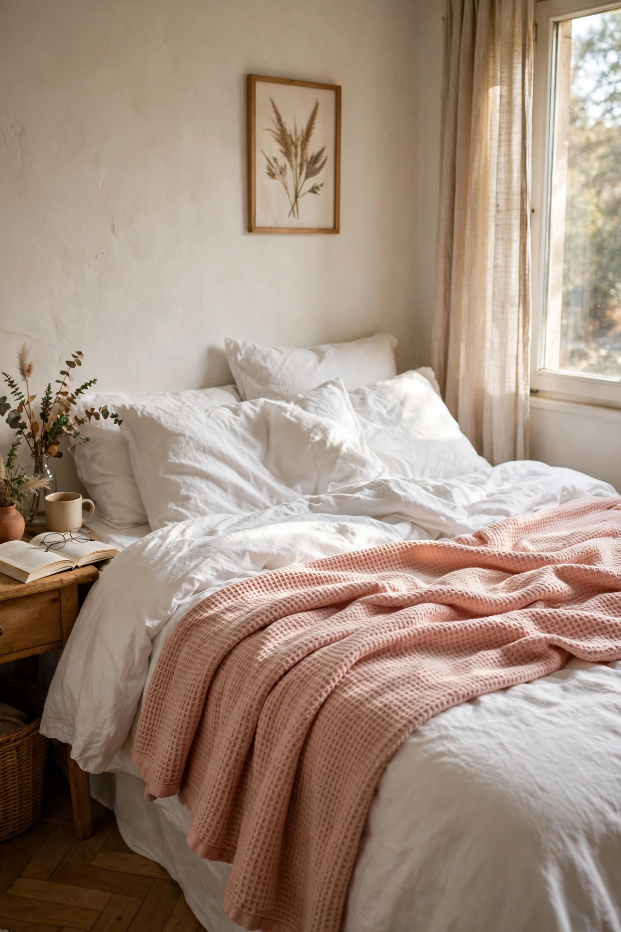 Blush waffle-knit throw folded across the foot of a bed