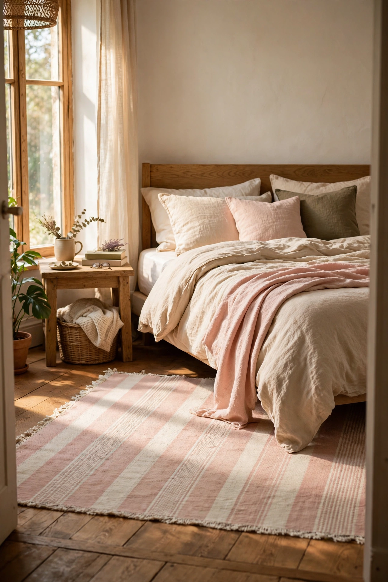 Cotton rug with blush and cream stripes under a bed