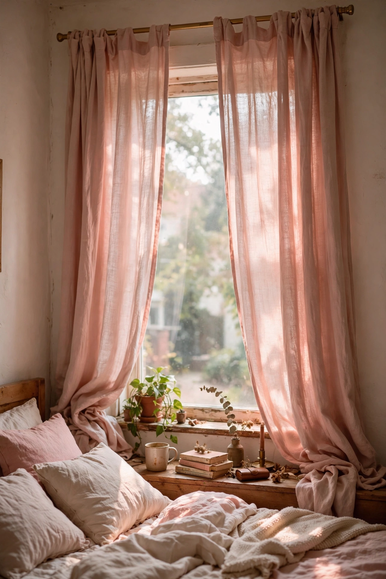 Blush linen-look curtain panels on a bedroom window