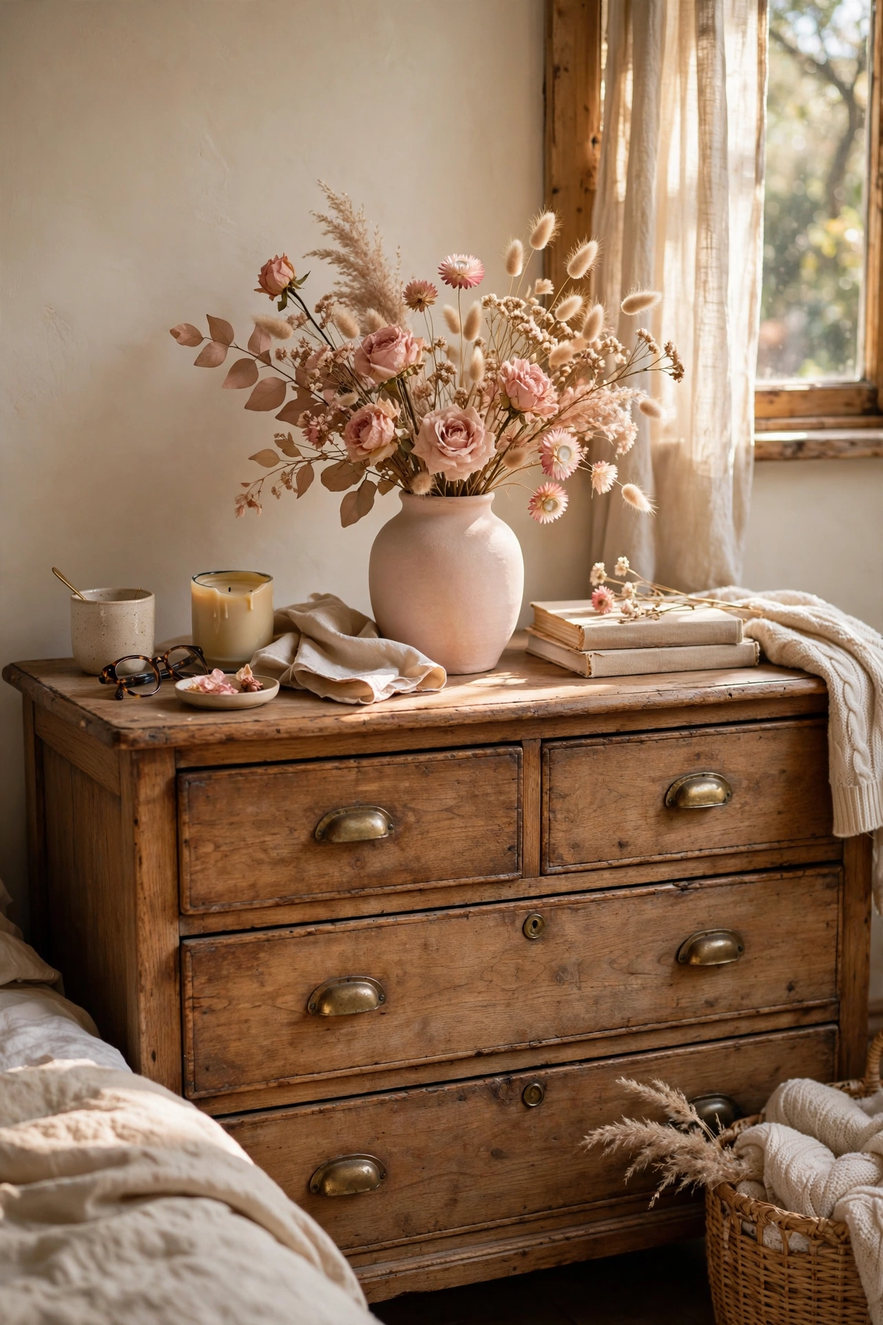 Blush ceramic vase with dried blush flowers on a dresser