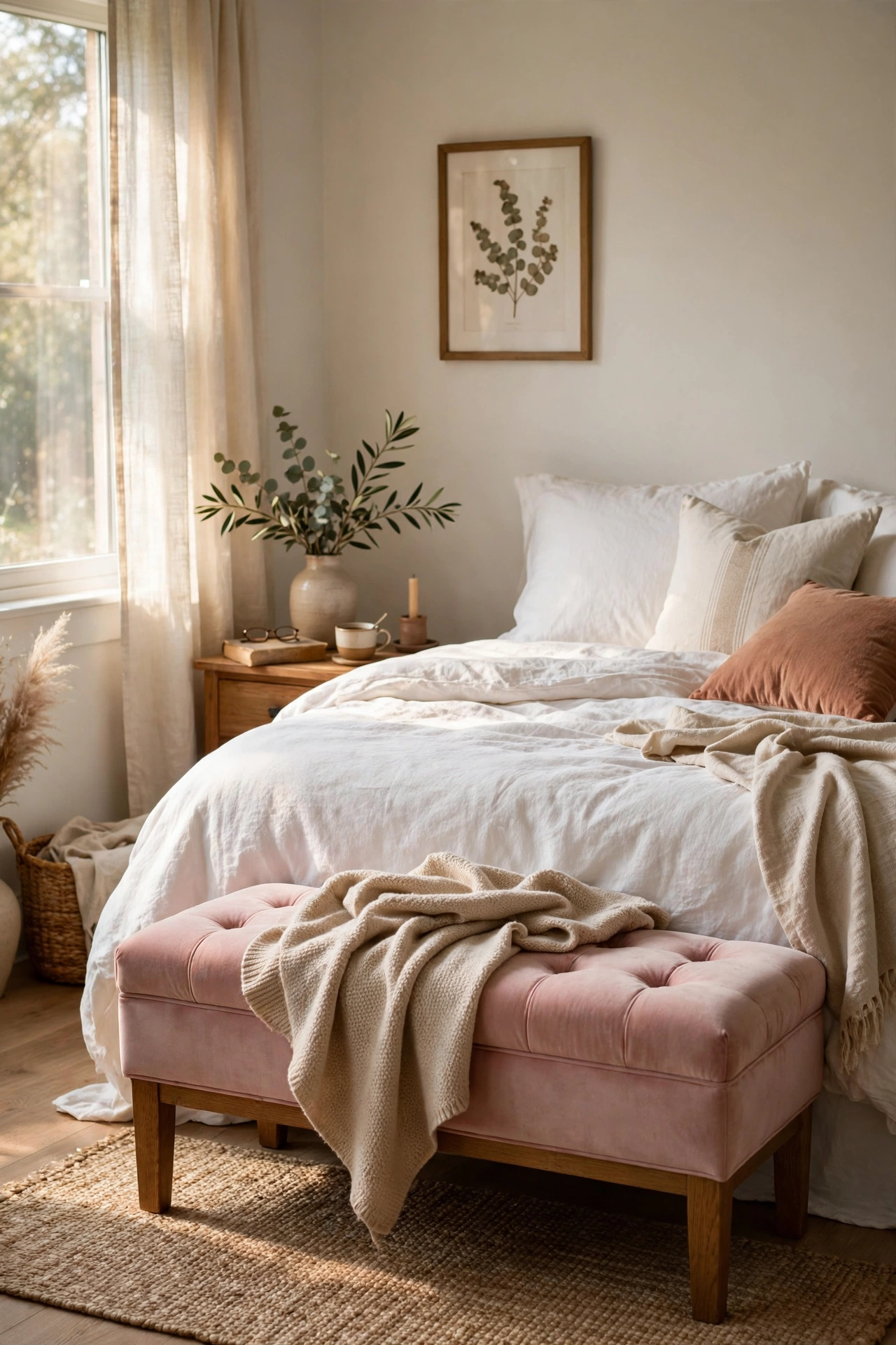 Blush upholstered bench at the foot of a bed