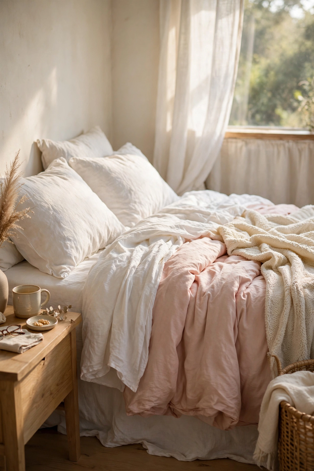 Bed layered with white sheets, blush duvet and cream throw