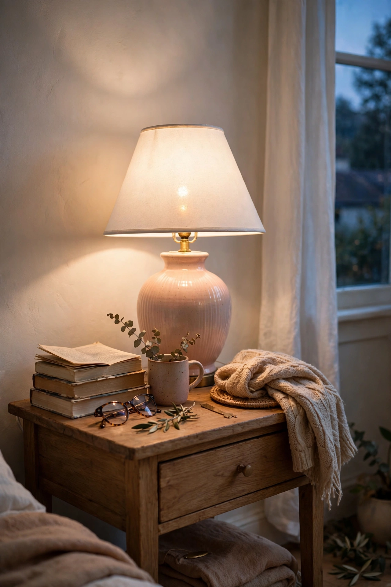 Blush ceramic table lamp with a white shade on a nightstand