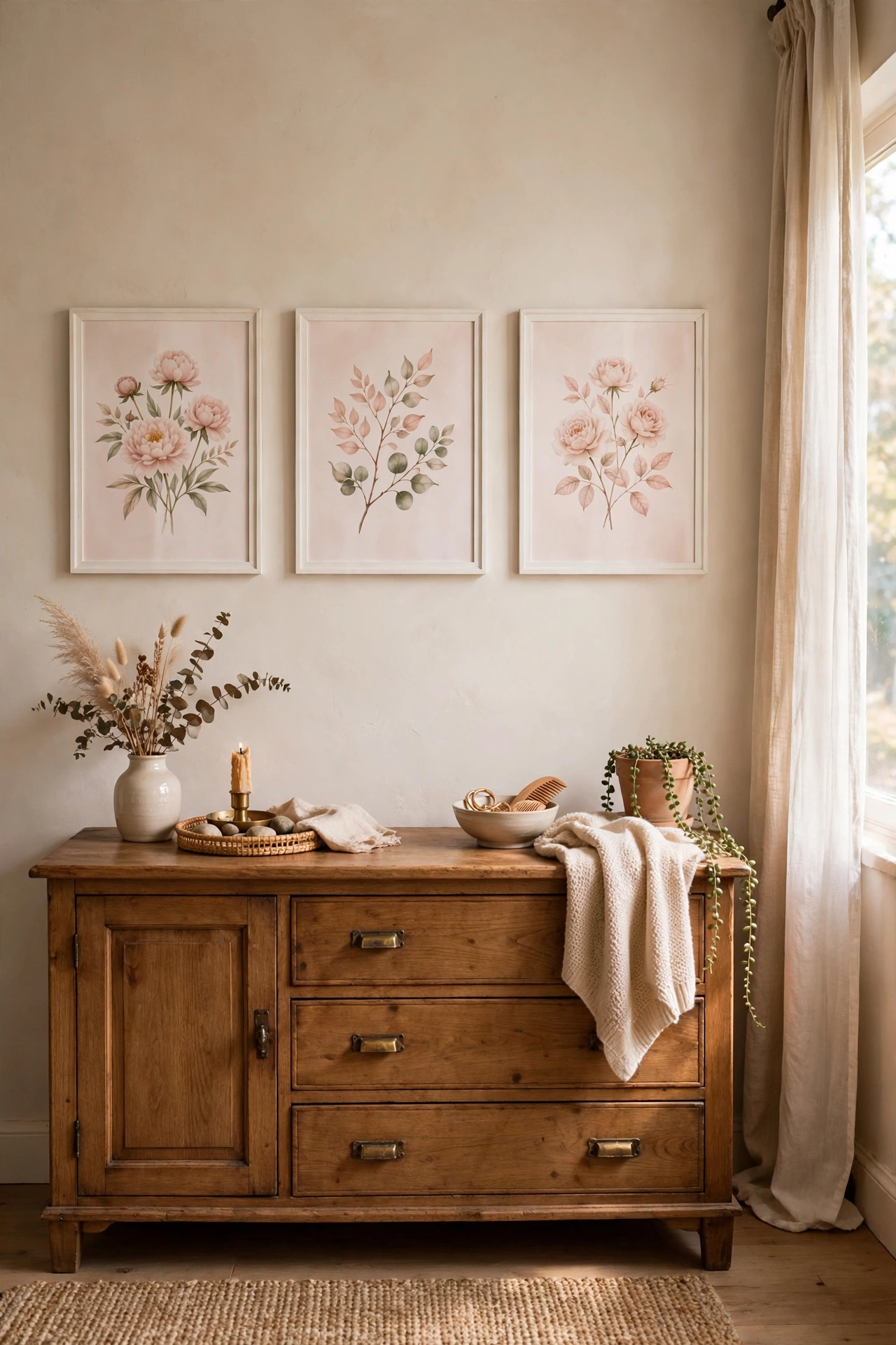 Three blush floral prints in white frames over a dresser
