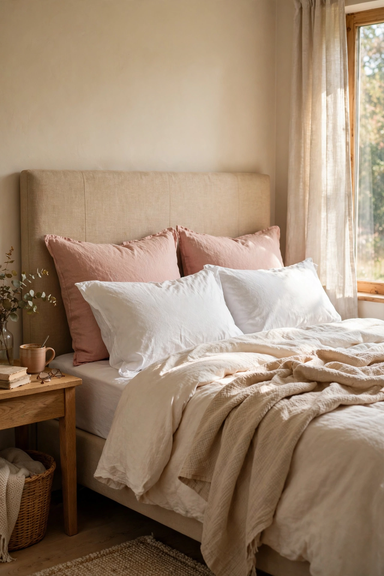 Blush euro shams standing behind white sleeping pillows