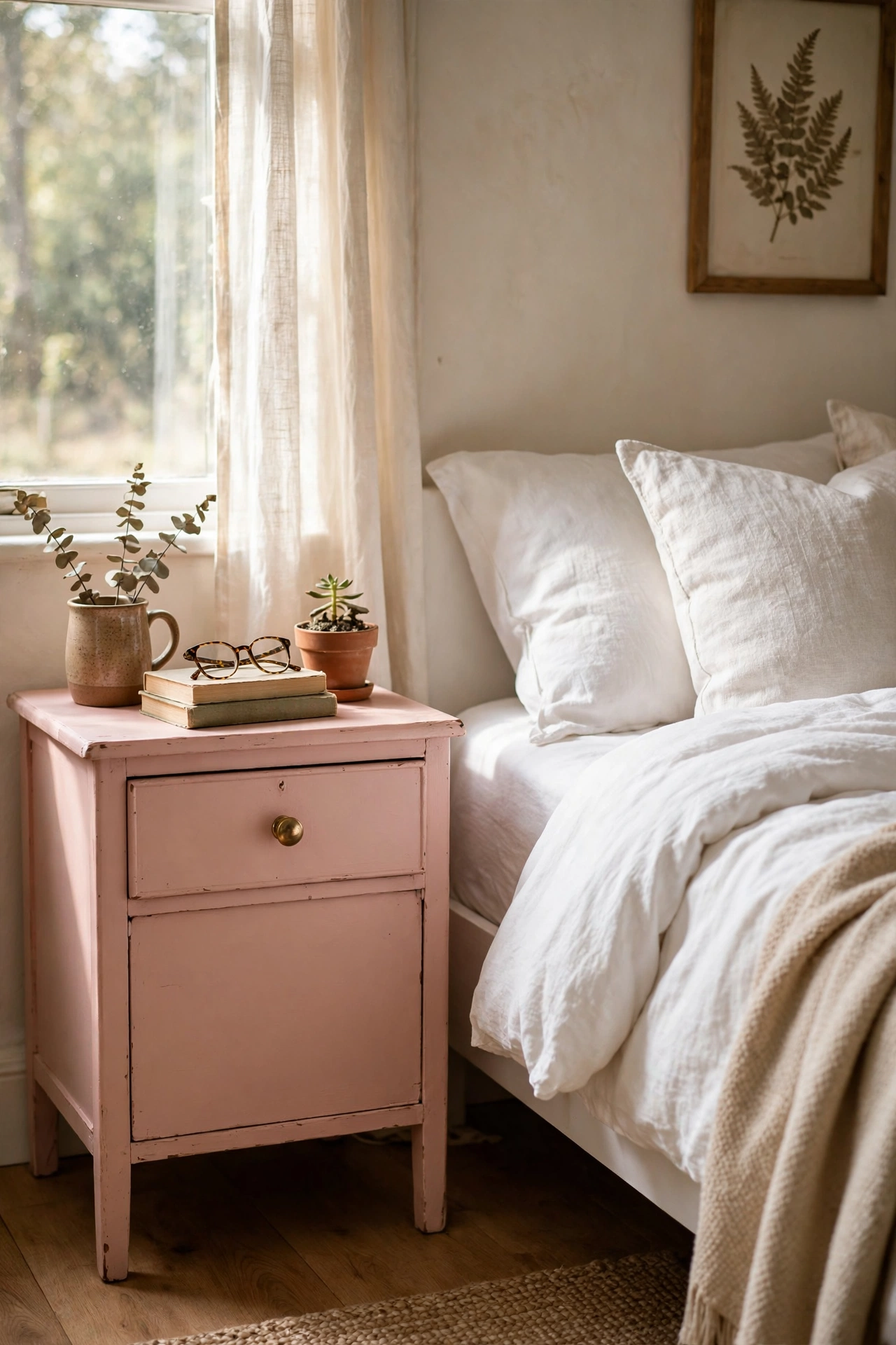 Thrifted nightstand painted soft blush with a brass knob