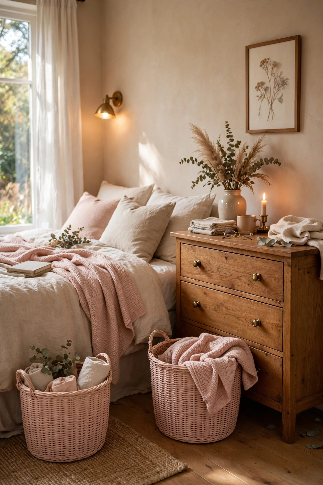 Two woven baskets in blush tones for bedroom storage