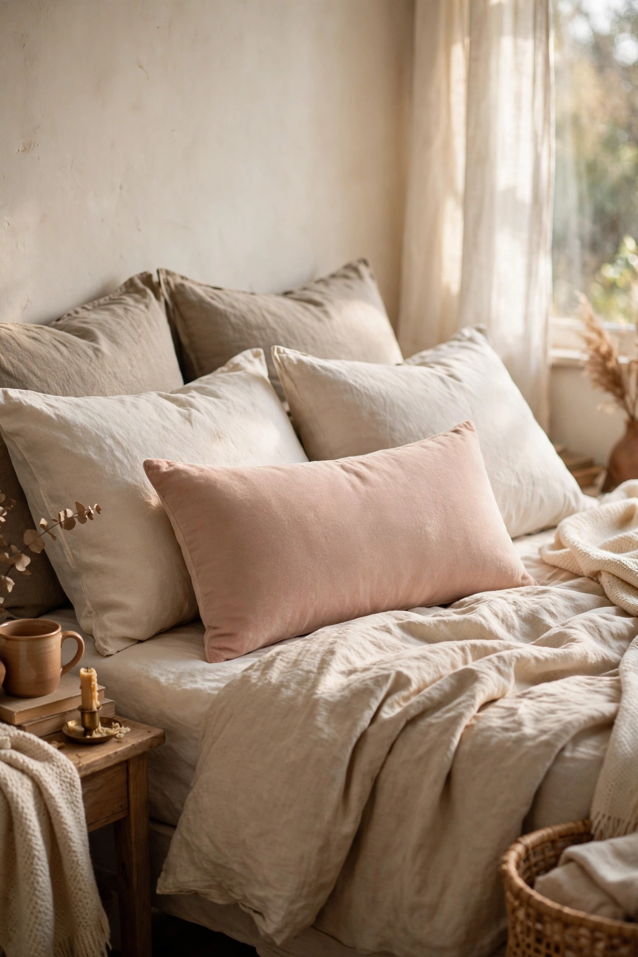 Blush lumbar pillow centered on a styled white bed