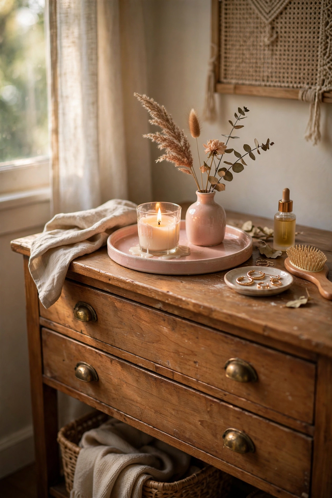 Blush painted tray with a candle and bud vase on a dresser