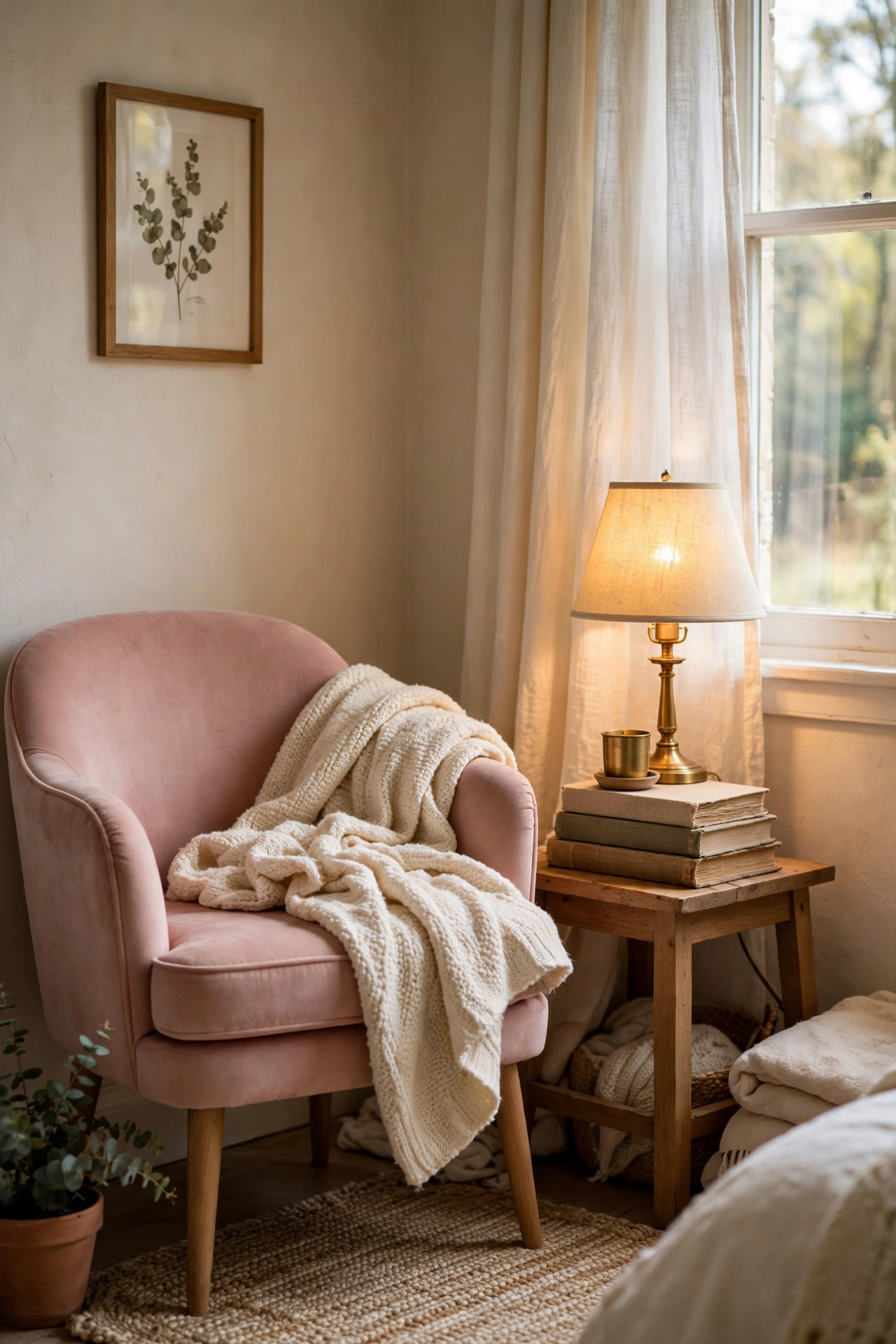 Small blush accent chair with a cream throw in a bedroom corner