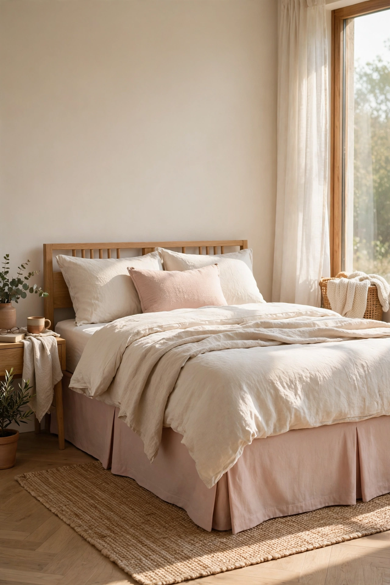 Tailored blush bed skirt on a bed hiding under-bed storage