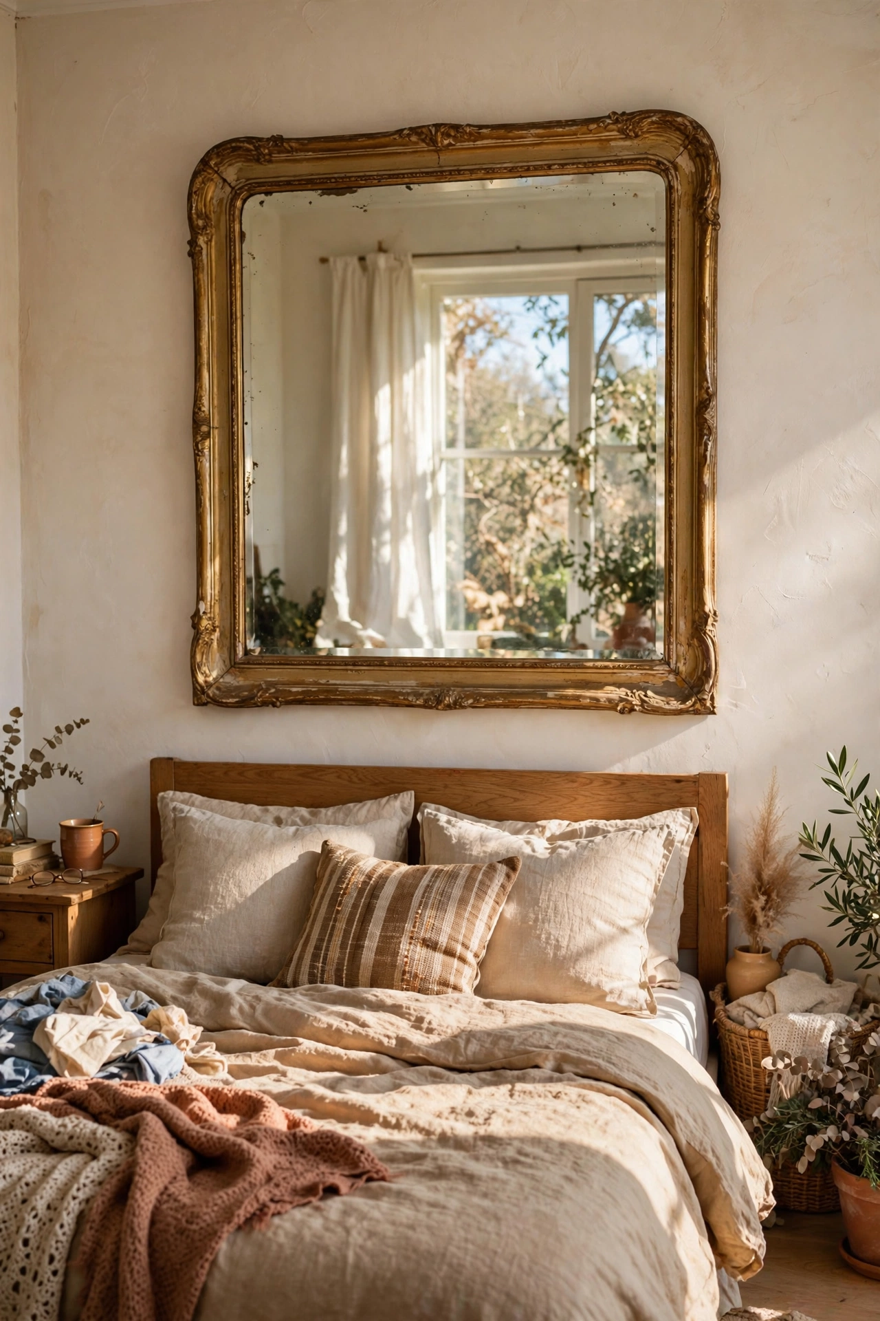 Large thrifted framed mirror hung centered above a bed