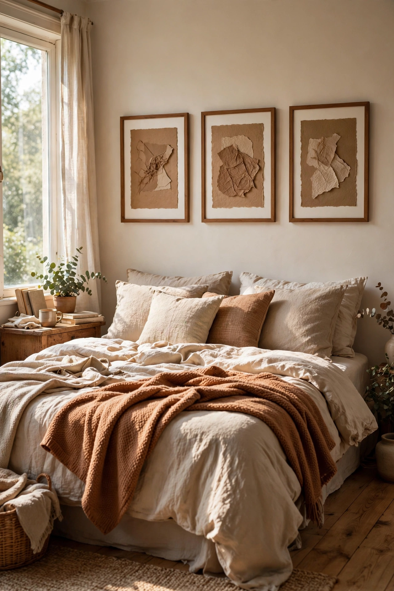 Framed textured brown paper art above a bed