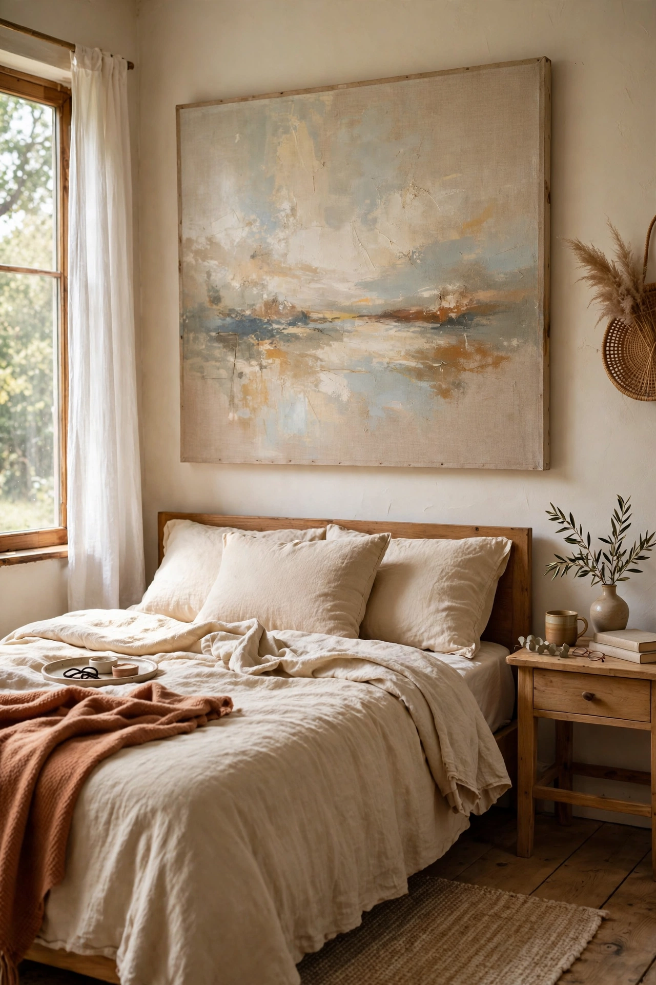 Large borrowed canvas painting hung above a bed