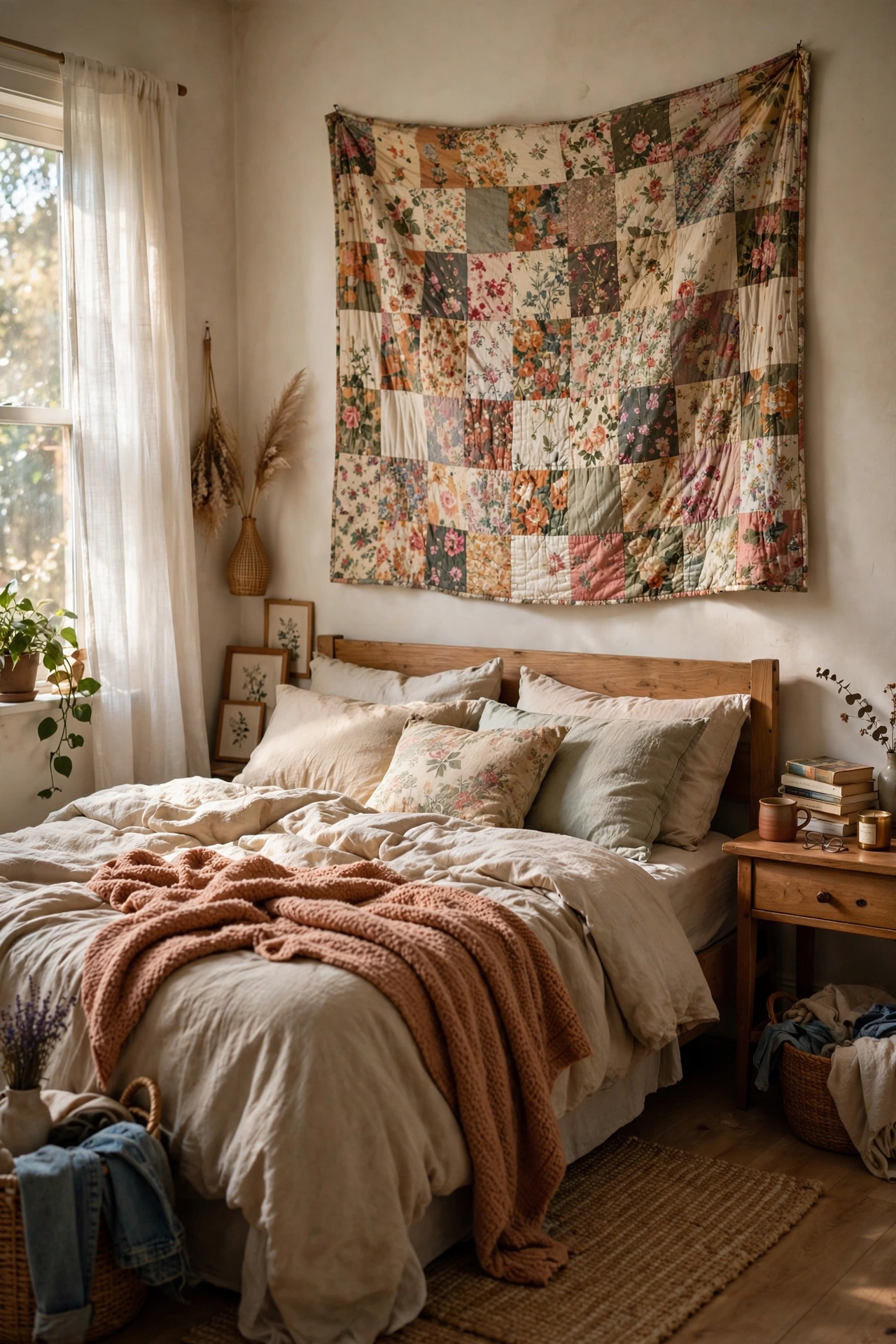 Thrifted floral quilt hung on a rod above a bed