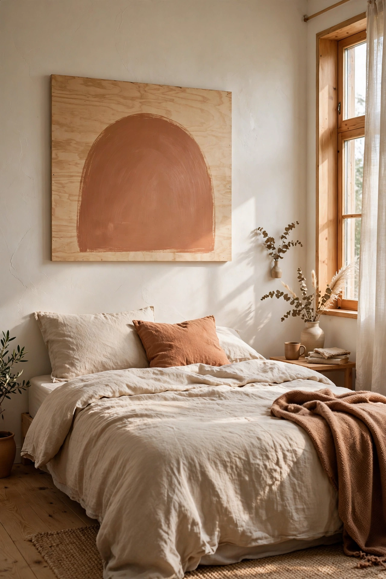 Painted plywood panel with a simple branch design above a bed