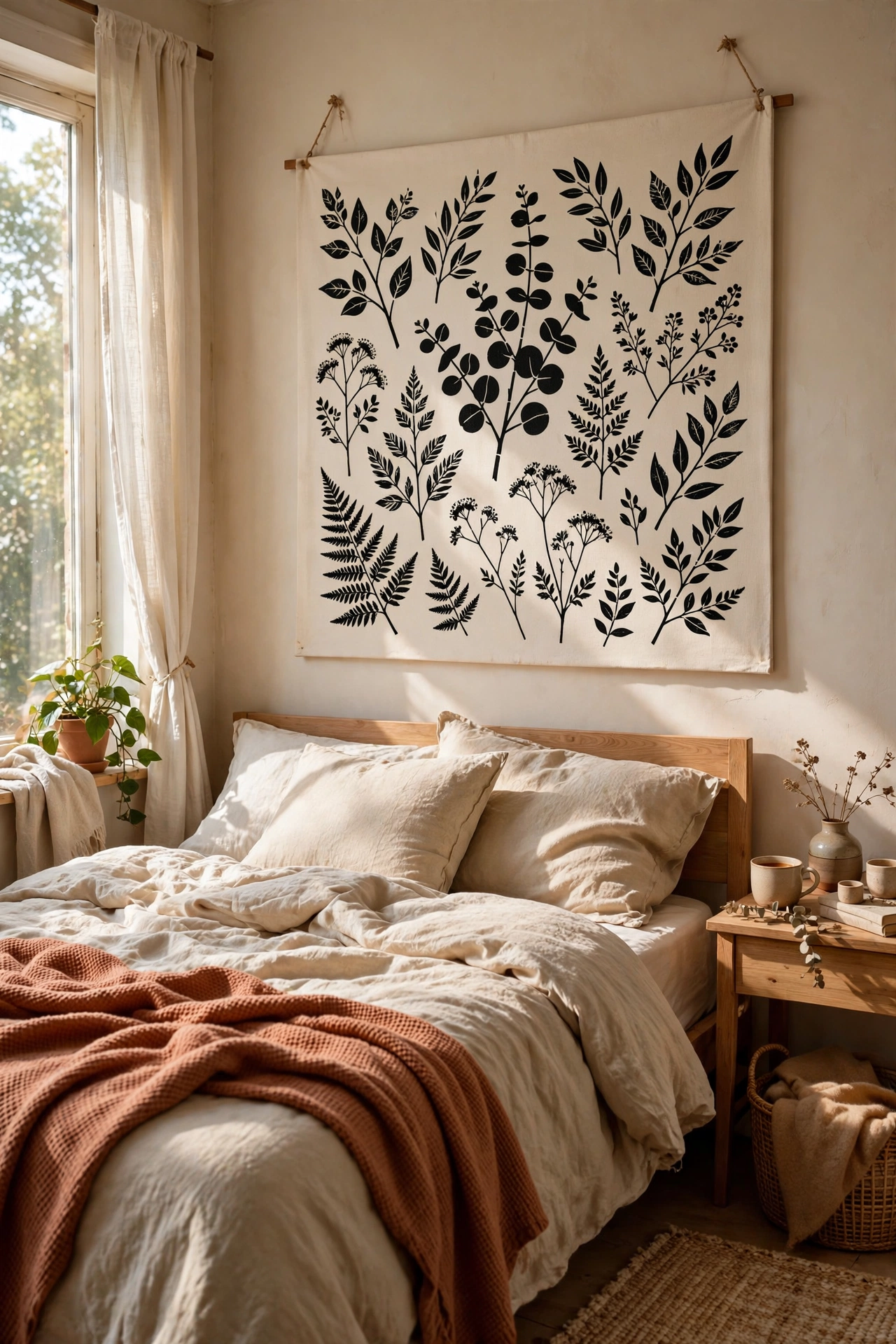 Stenciled leaf design painting on canvas above a bed
