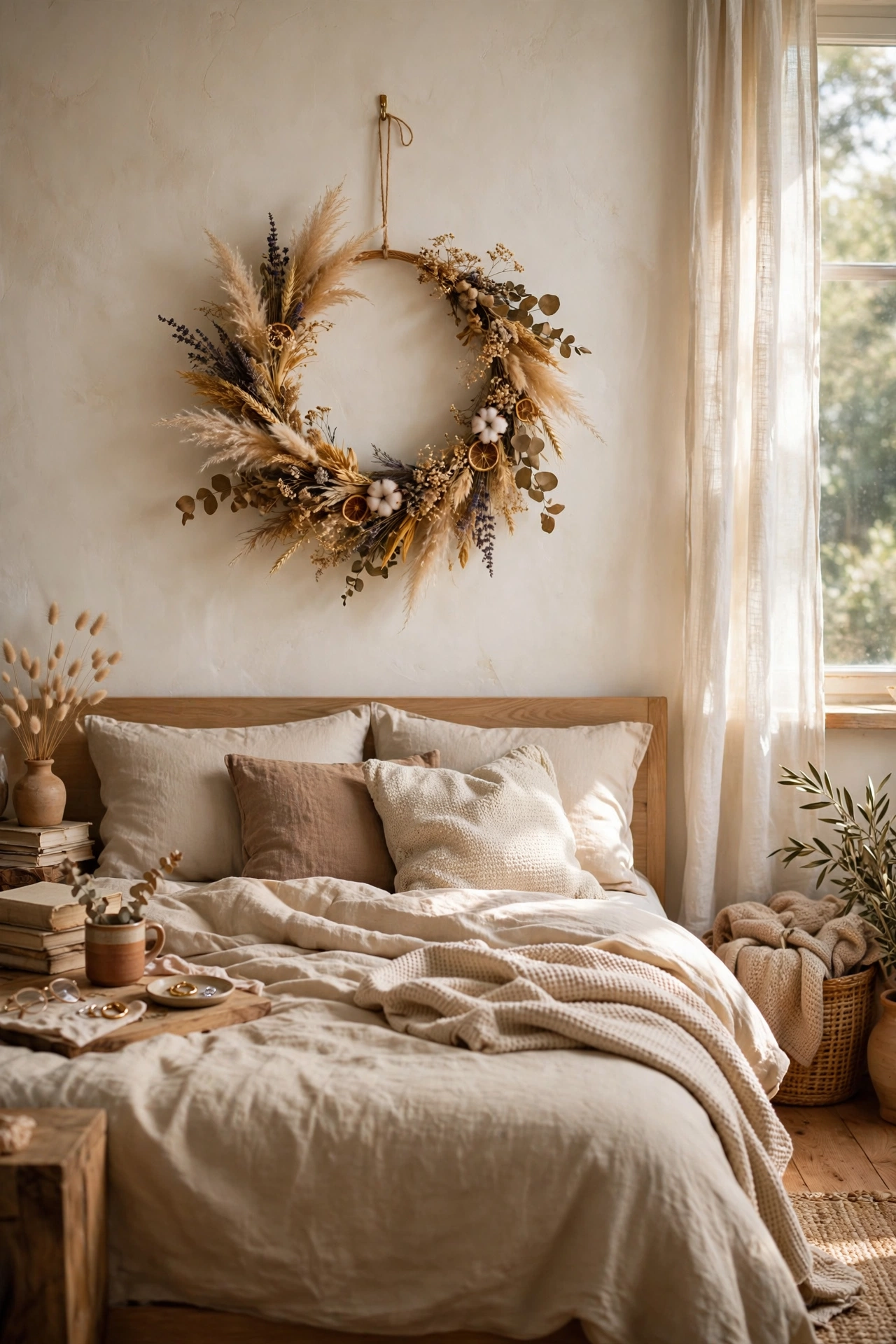Embroidery hoop wreath with dried lavender above a bed