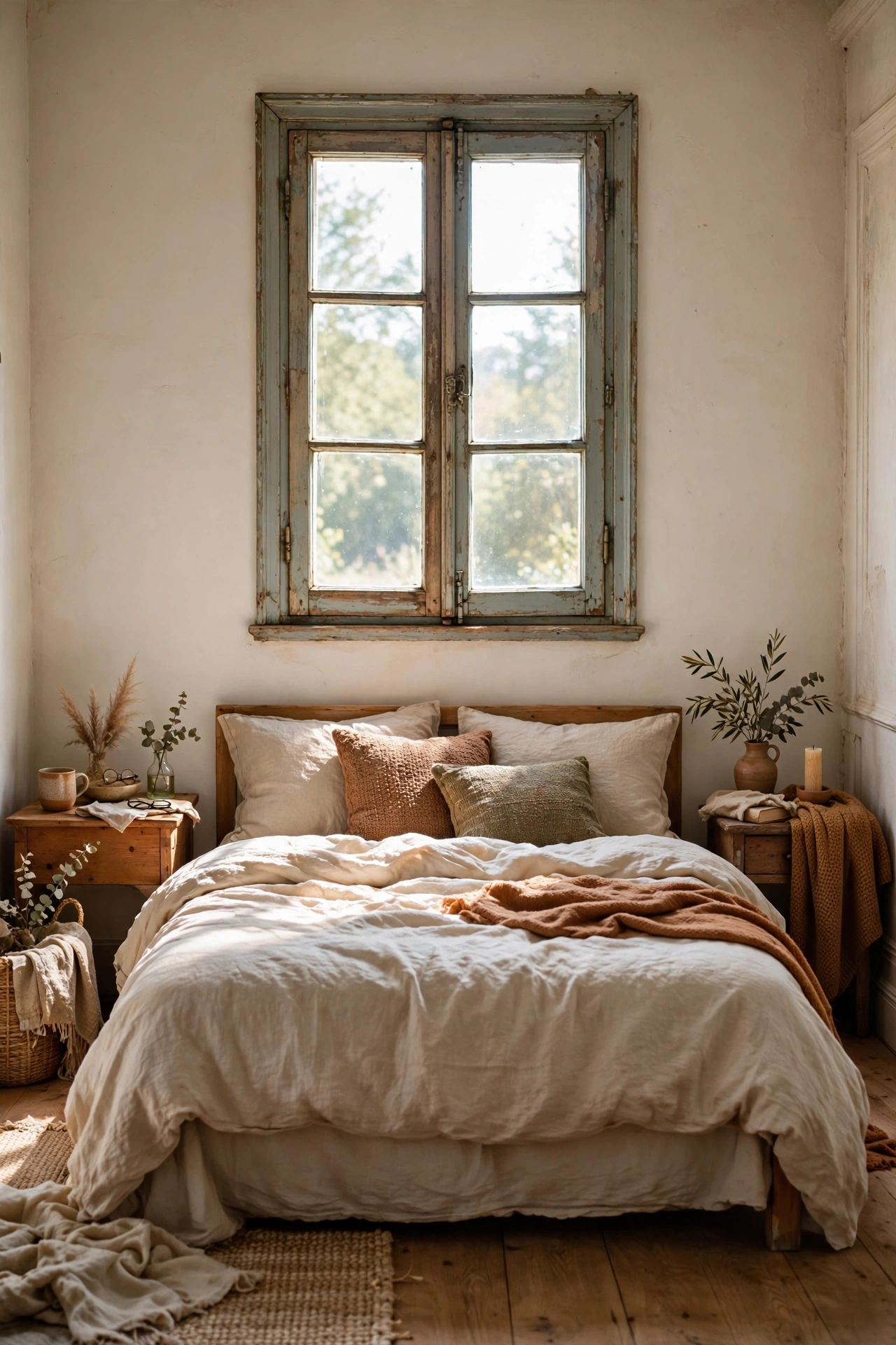 Old wooden window frame hung as wall decor above a bed