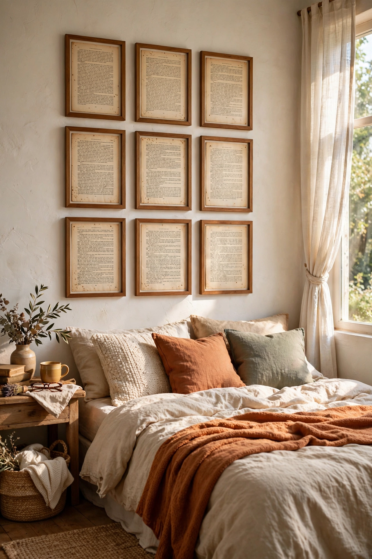 Grid of framed vintage book pages above a bed