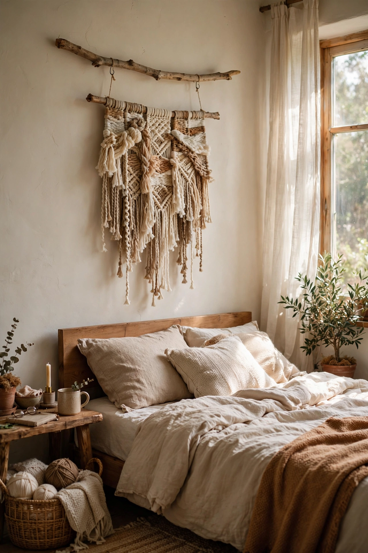 Yarn wall hanging tied onto a natural branch above a bed