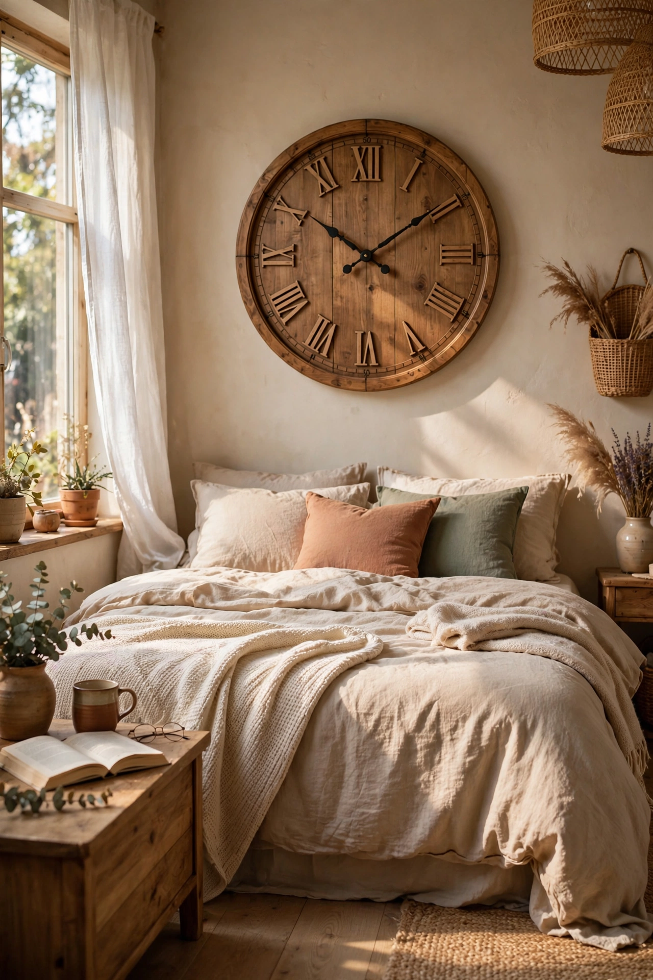 Large wooden thrifted clock hung above a bed