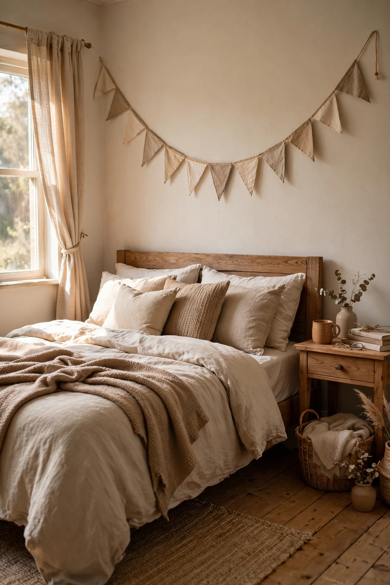 Fabric scrap bunting in warm neutrals swagged above a bed