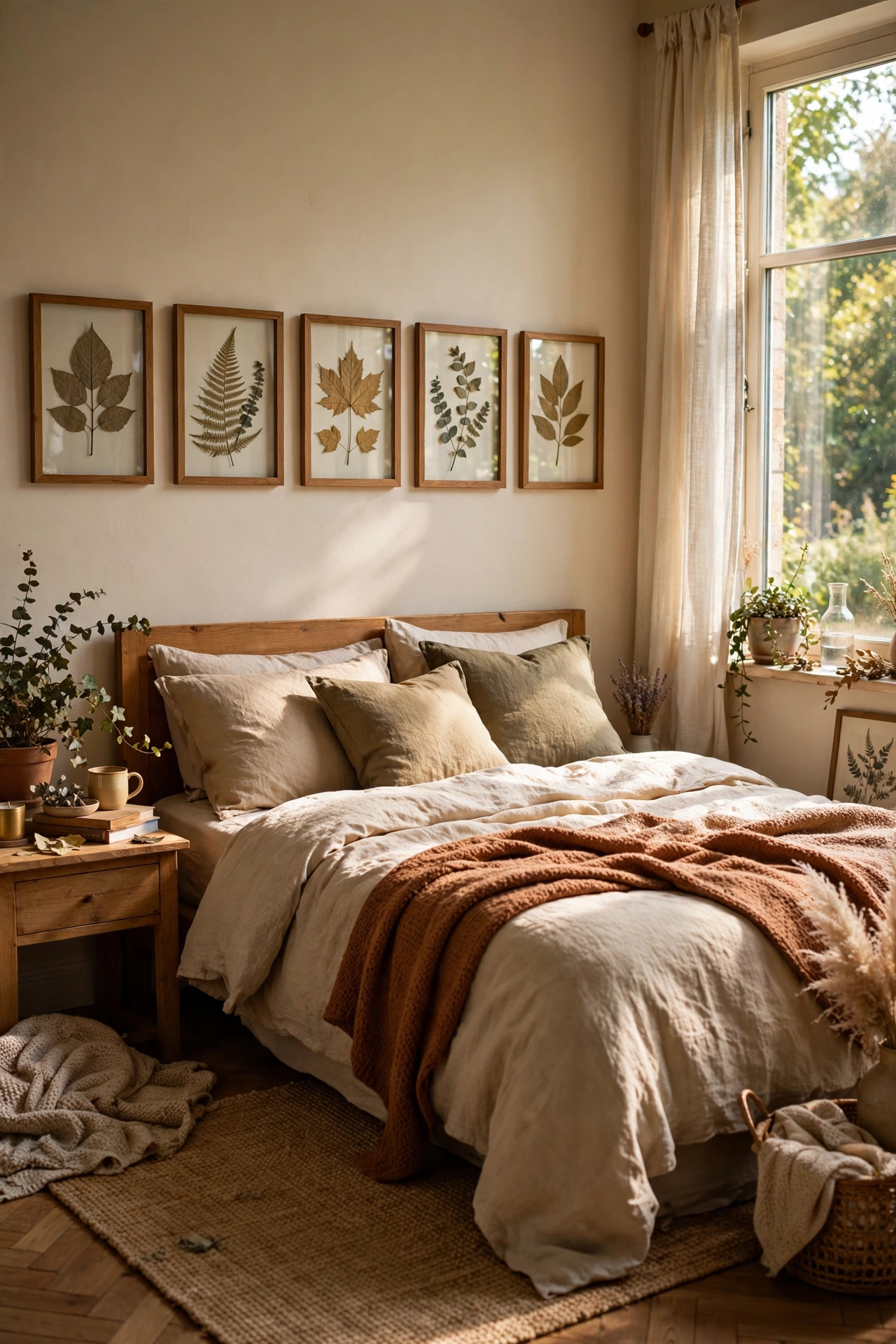 Pressed fall leaves in simple frames above a bed