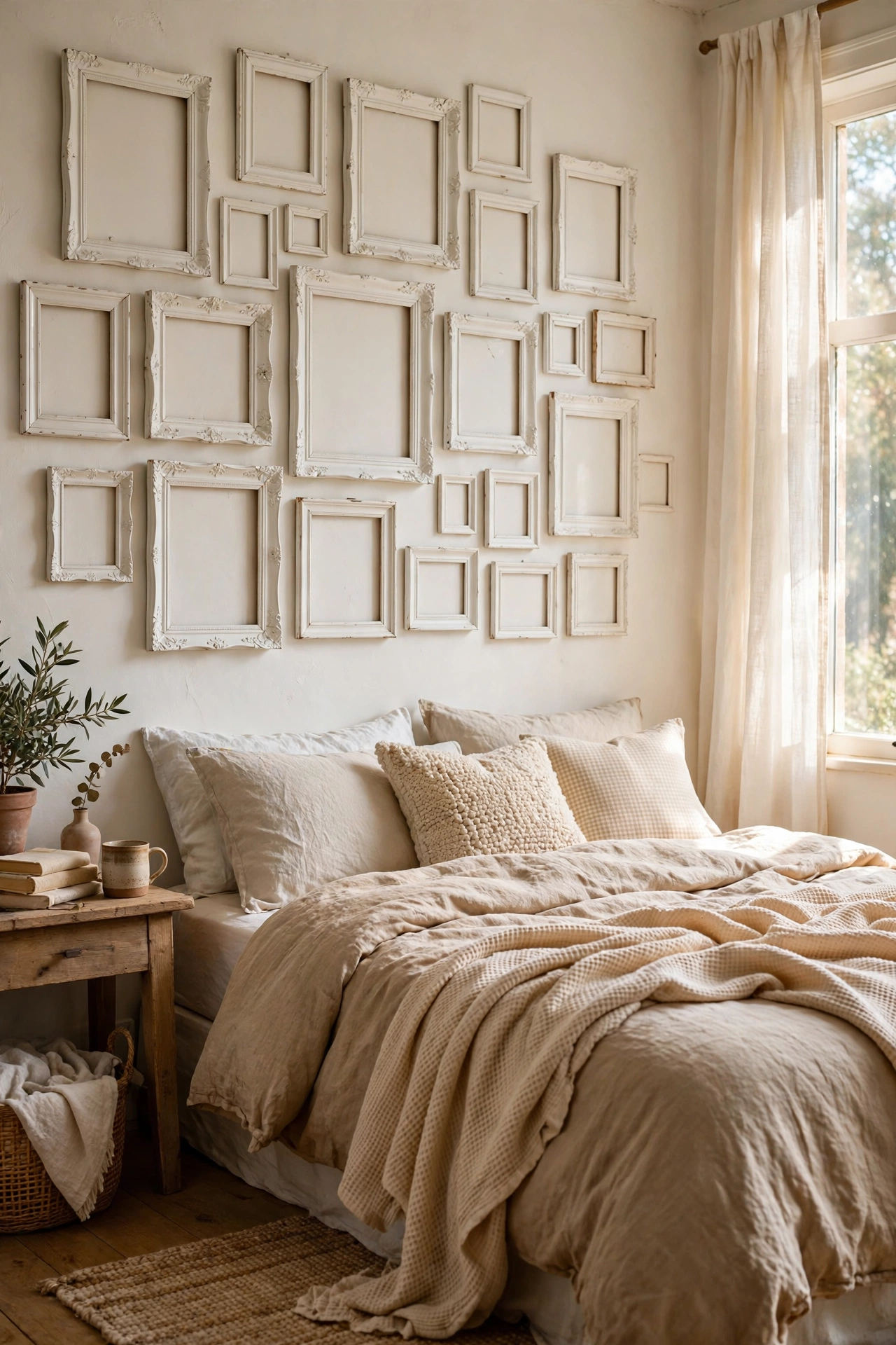 Gallery of thrifted frames painted warm white above a bed