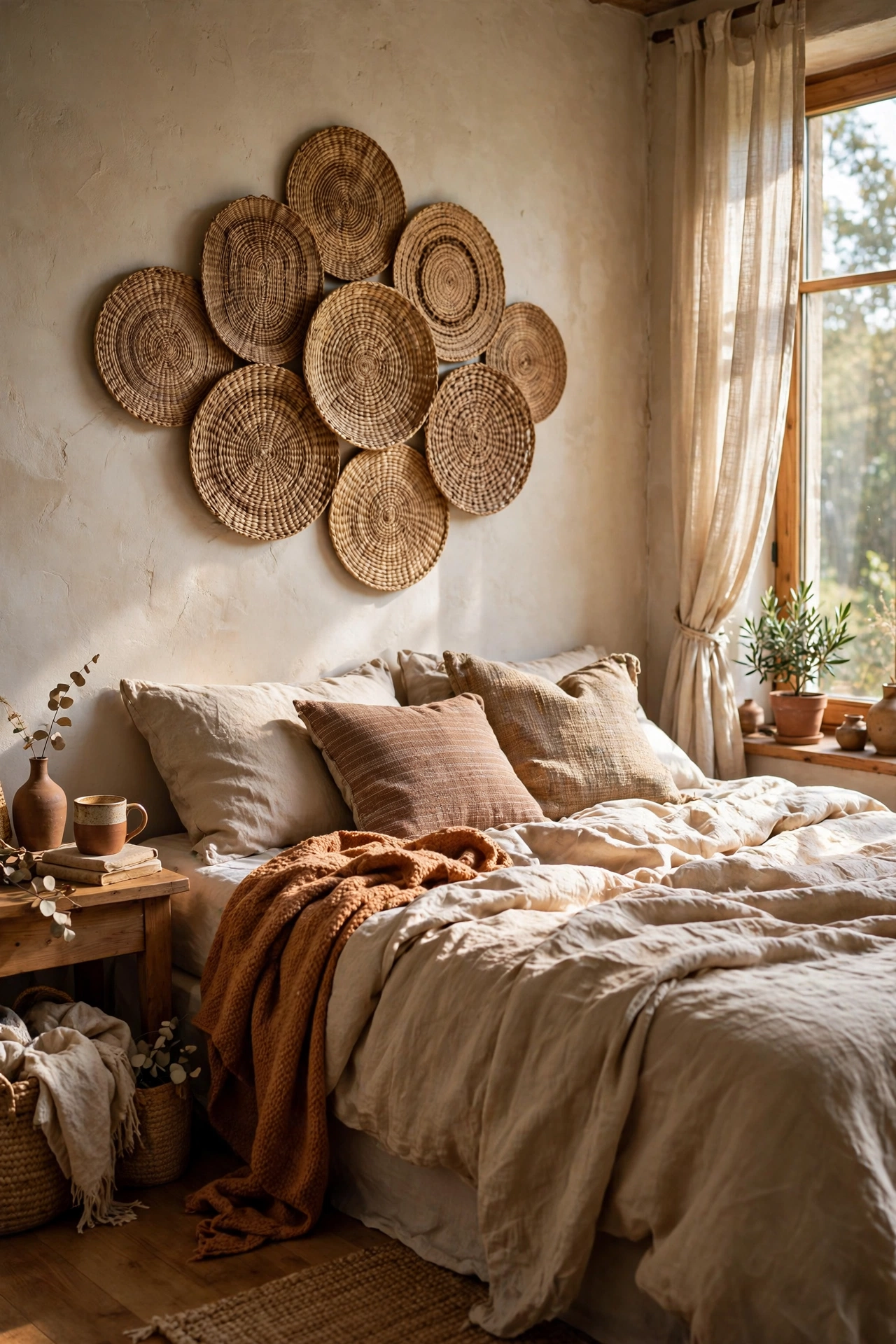 Round woven placemats hung as wall art above a bed