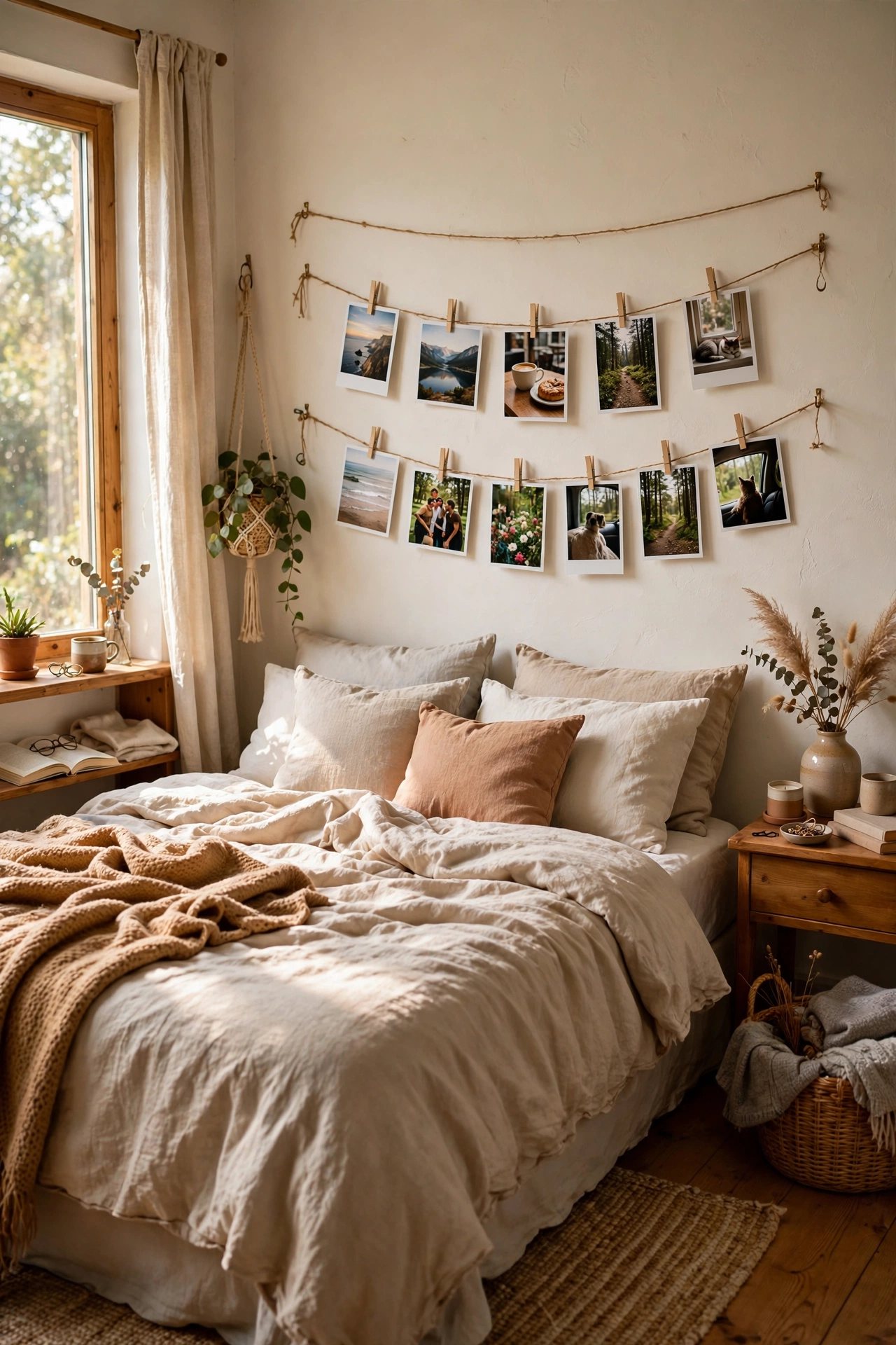 Twine with clothespins holding photos above a bed