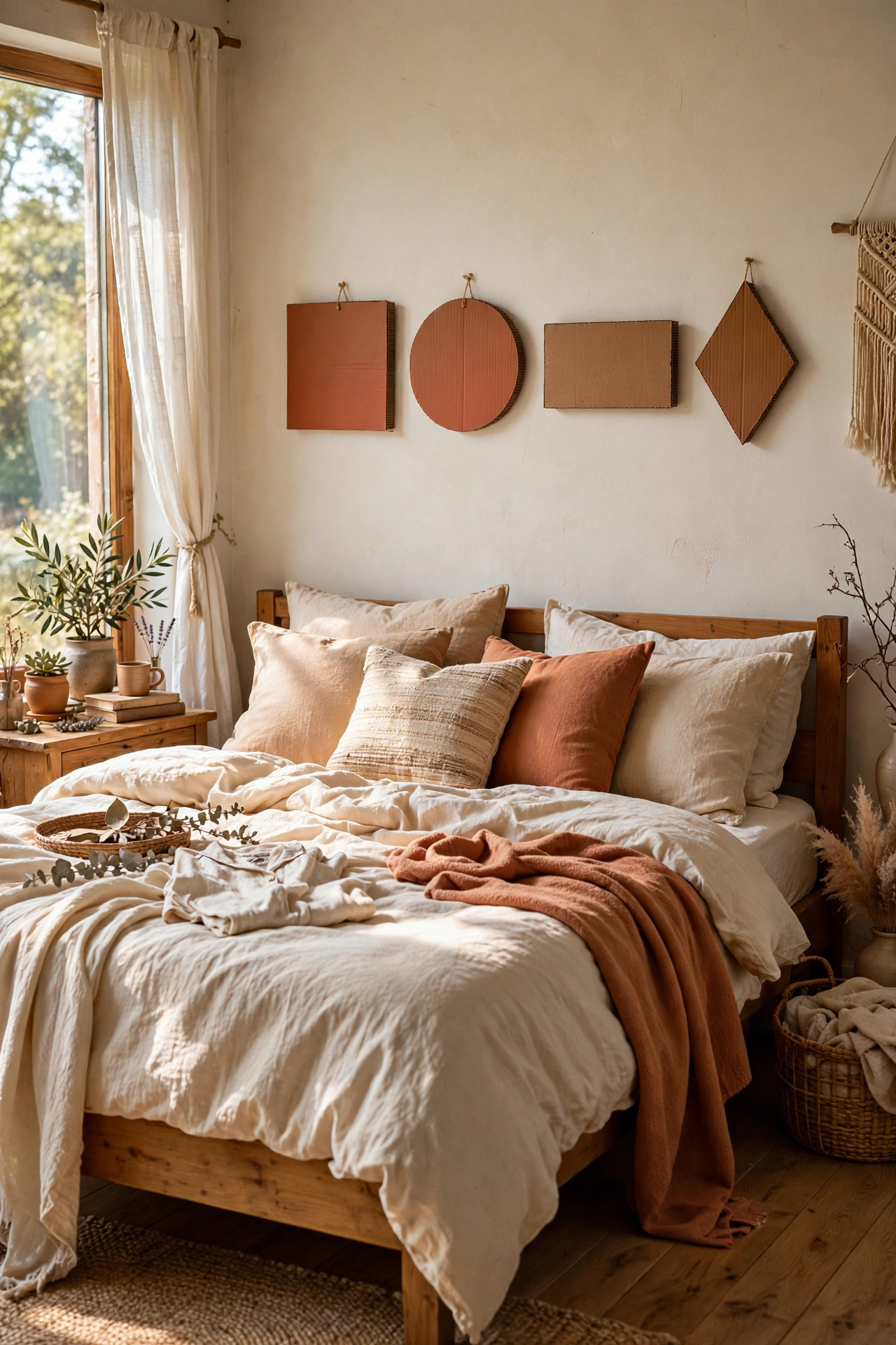 Painted cardboard letters spelling a word above a bed