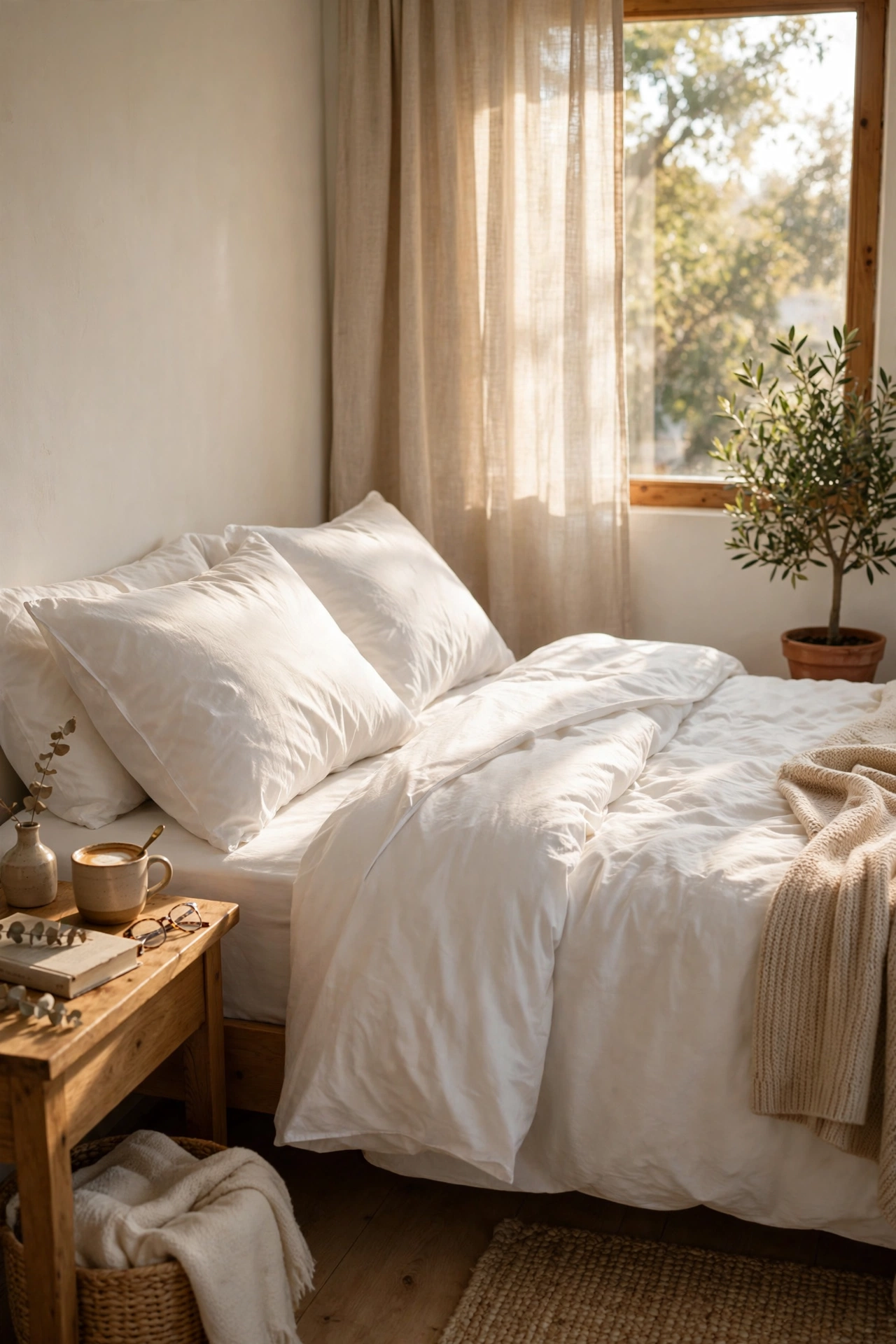 Bed with a white cotton duvet cover, top folded down crisply
