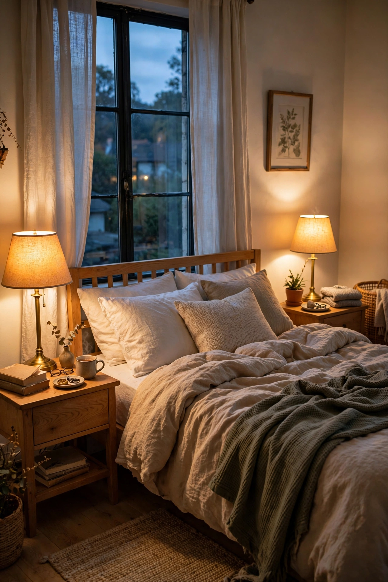 Matching ceramic lamps with linen shades on both nightstands