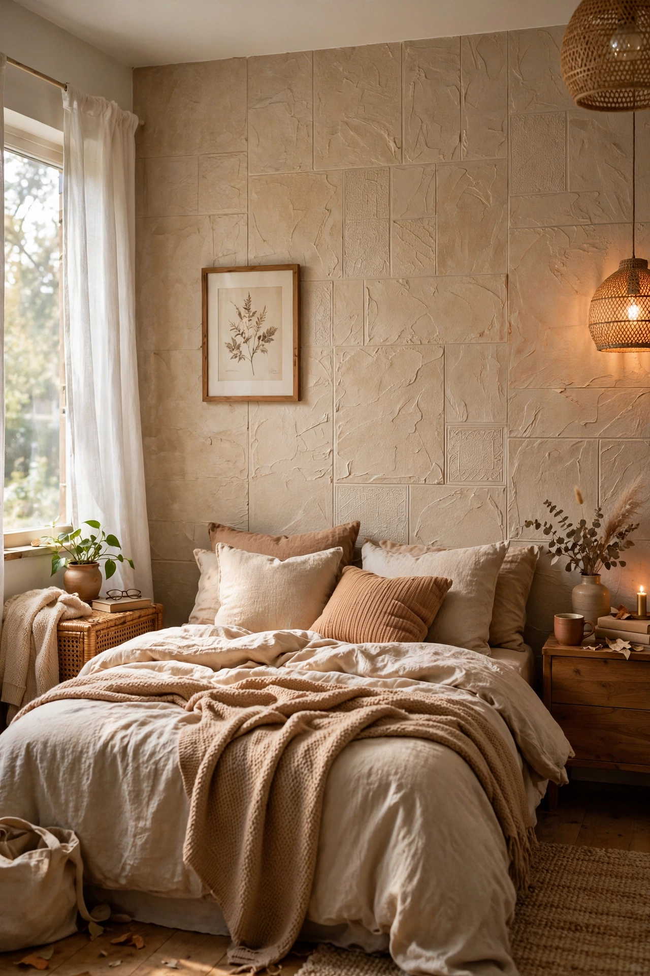 Grasscloth-look peel-and-stick wallpaper accent wall behind a bed