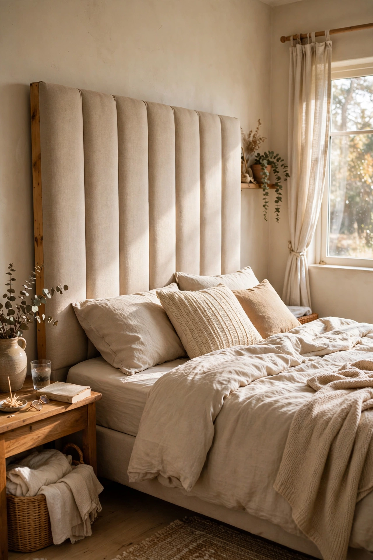 Tall DIY upholstered headboard in linen-look fabric behind a bed