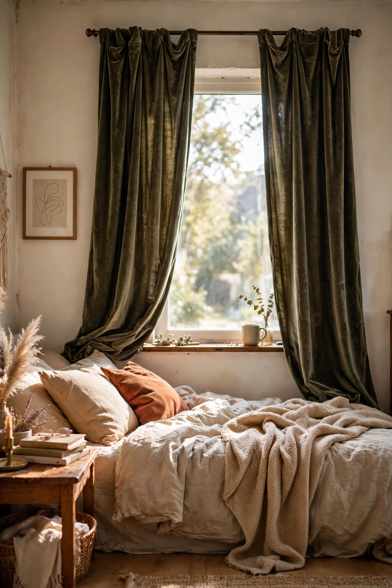 Velvet-look curtain panels hung high on a bedroom window