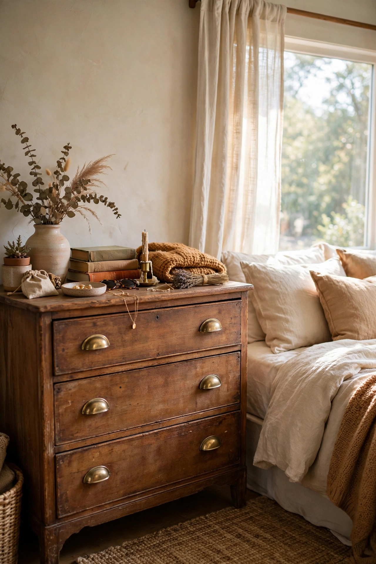 Thrifted wooden dresser with new brushed brass drawer pulls
