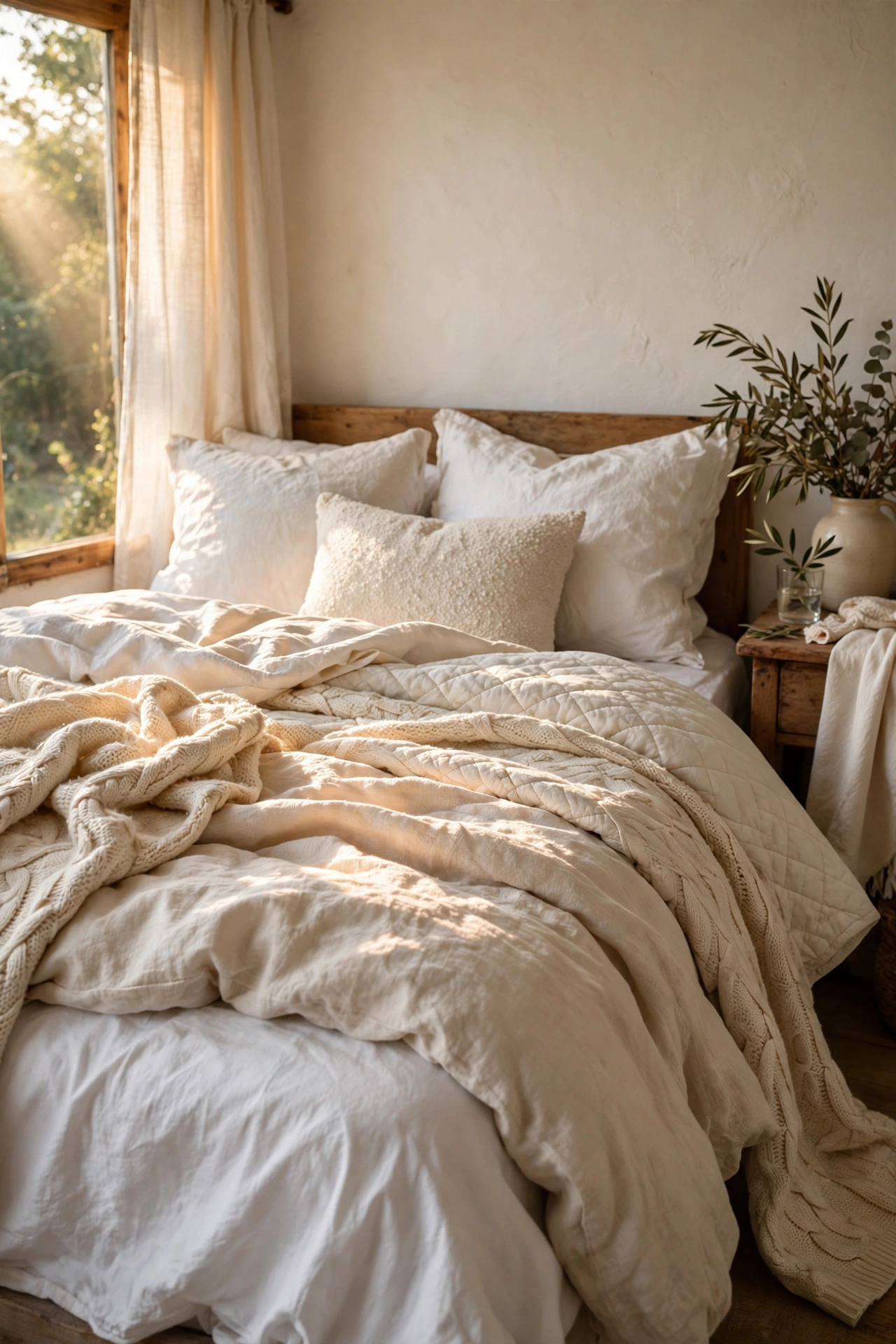 Bed layered with cotton sheets, linen duvet and knit throw in creams