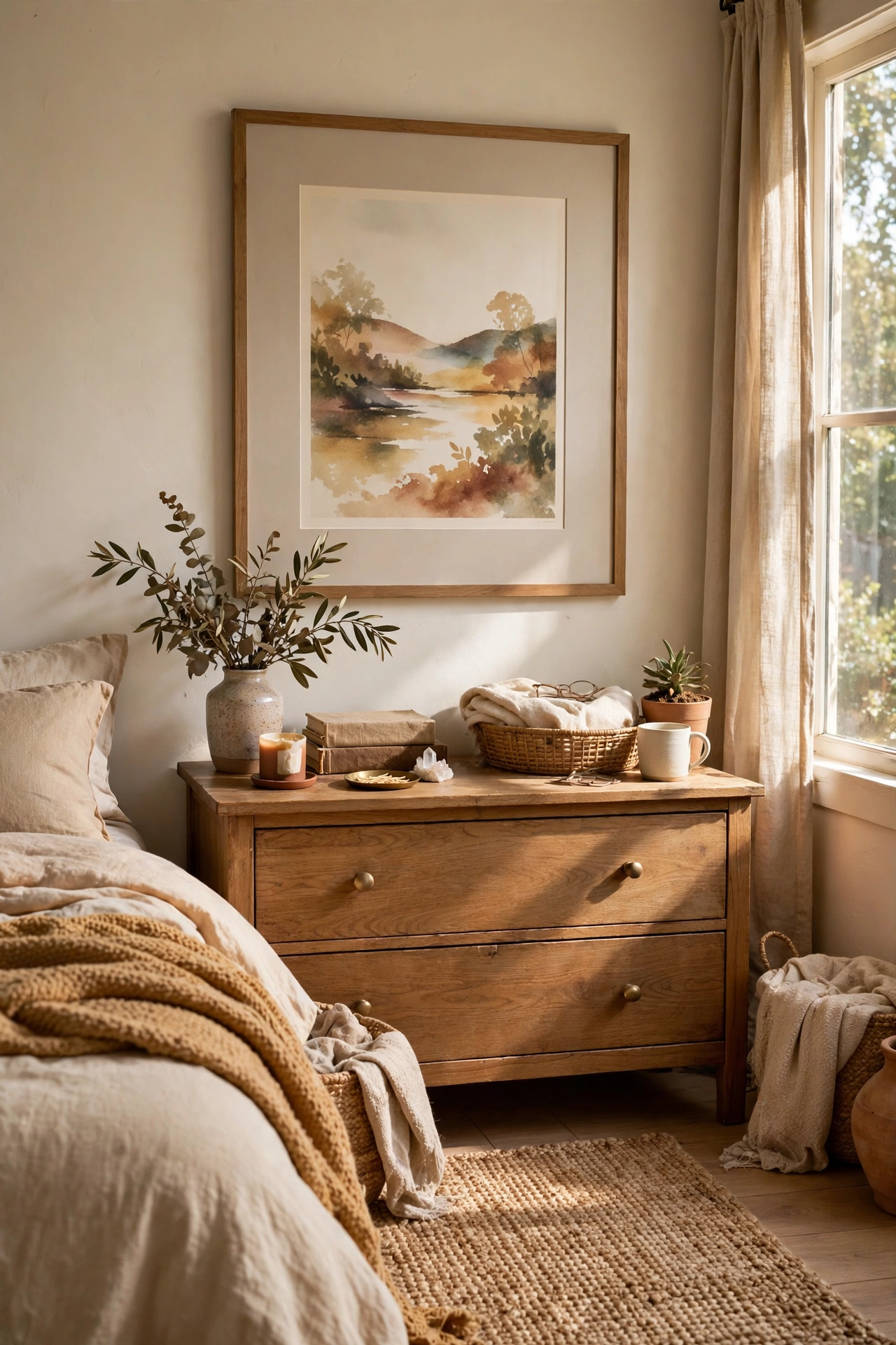 Large framed art print with wide mat over a bedroom dresser
