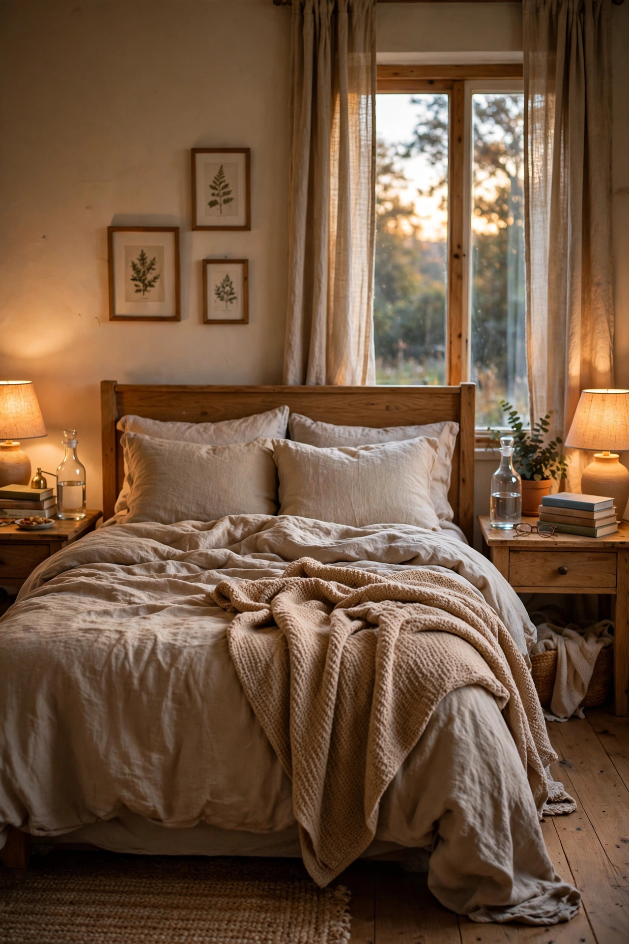 Matching glass water carafes on both bedroom nightstands