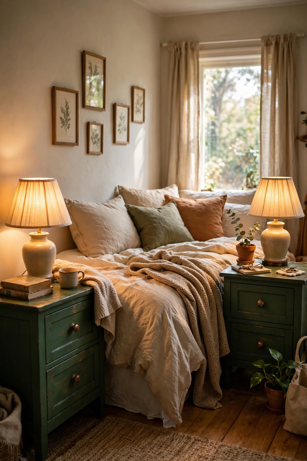 Pair of thrifted nightstands painted deep green with brass knobs