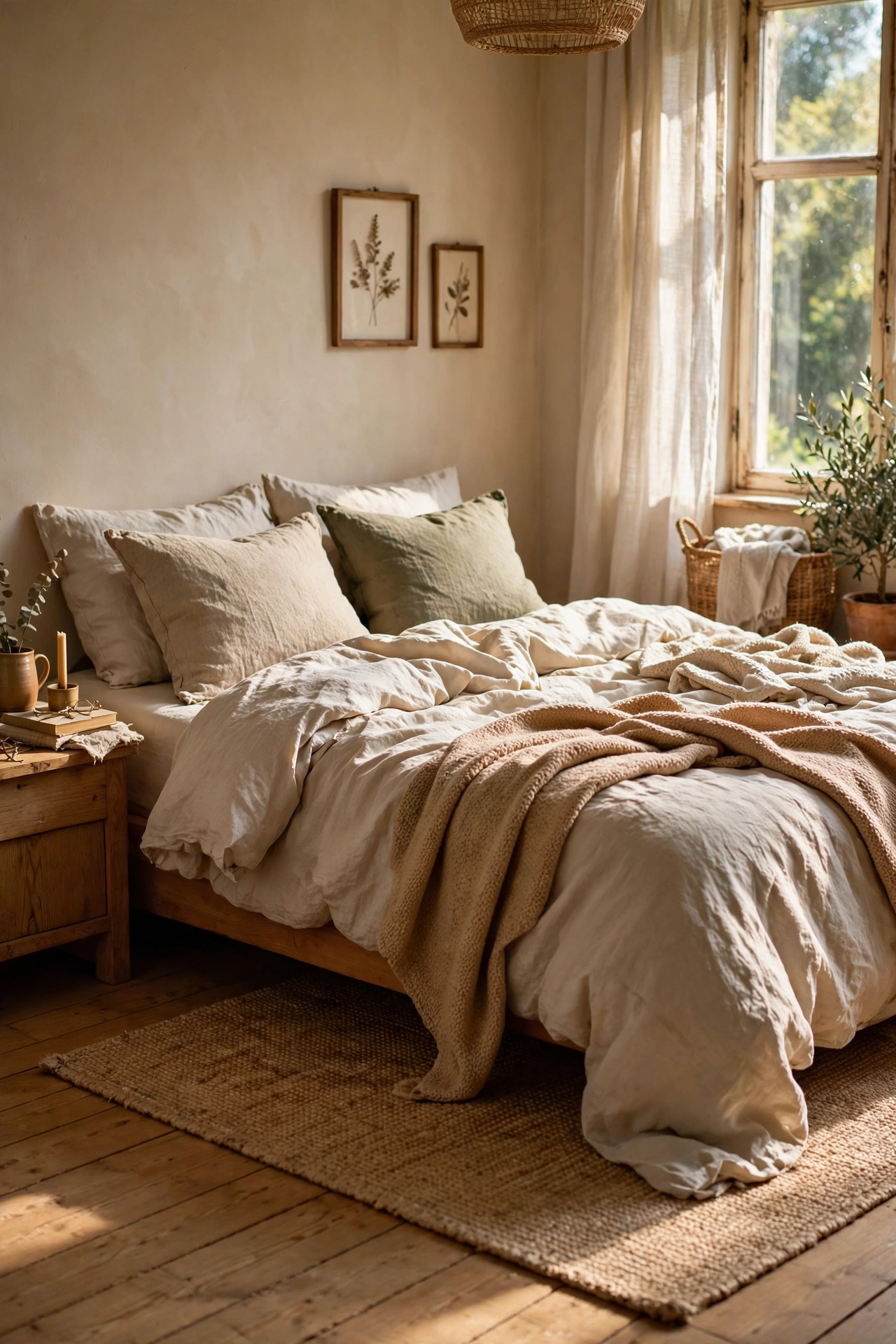 Natural jute area rug under a bed with wood floors
