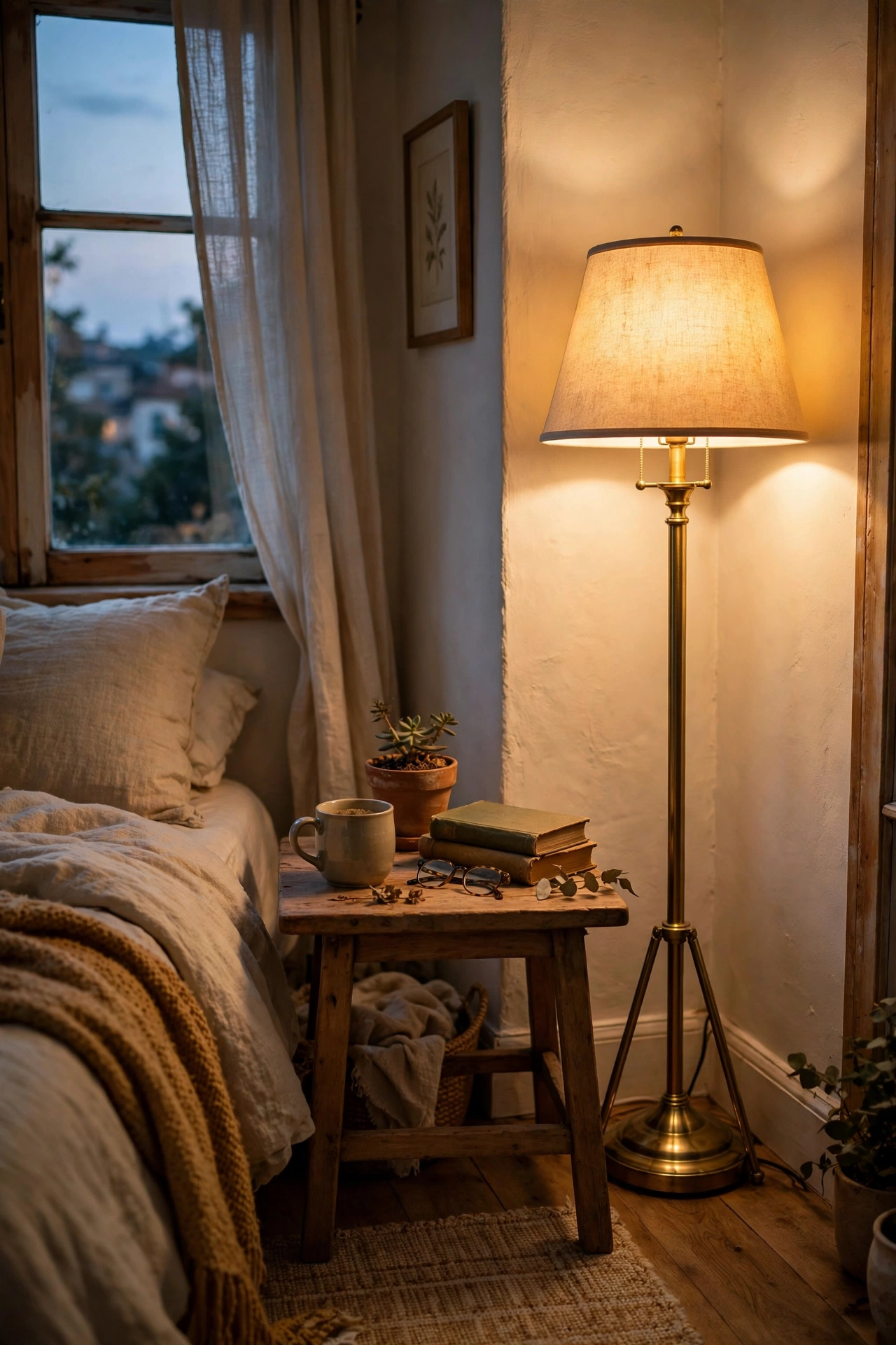 Brass floor lamp glowing in a bedroom corner with a small table