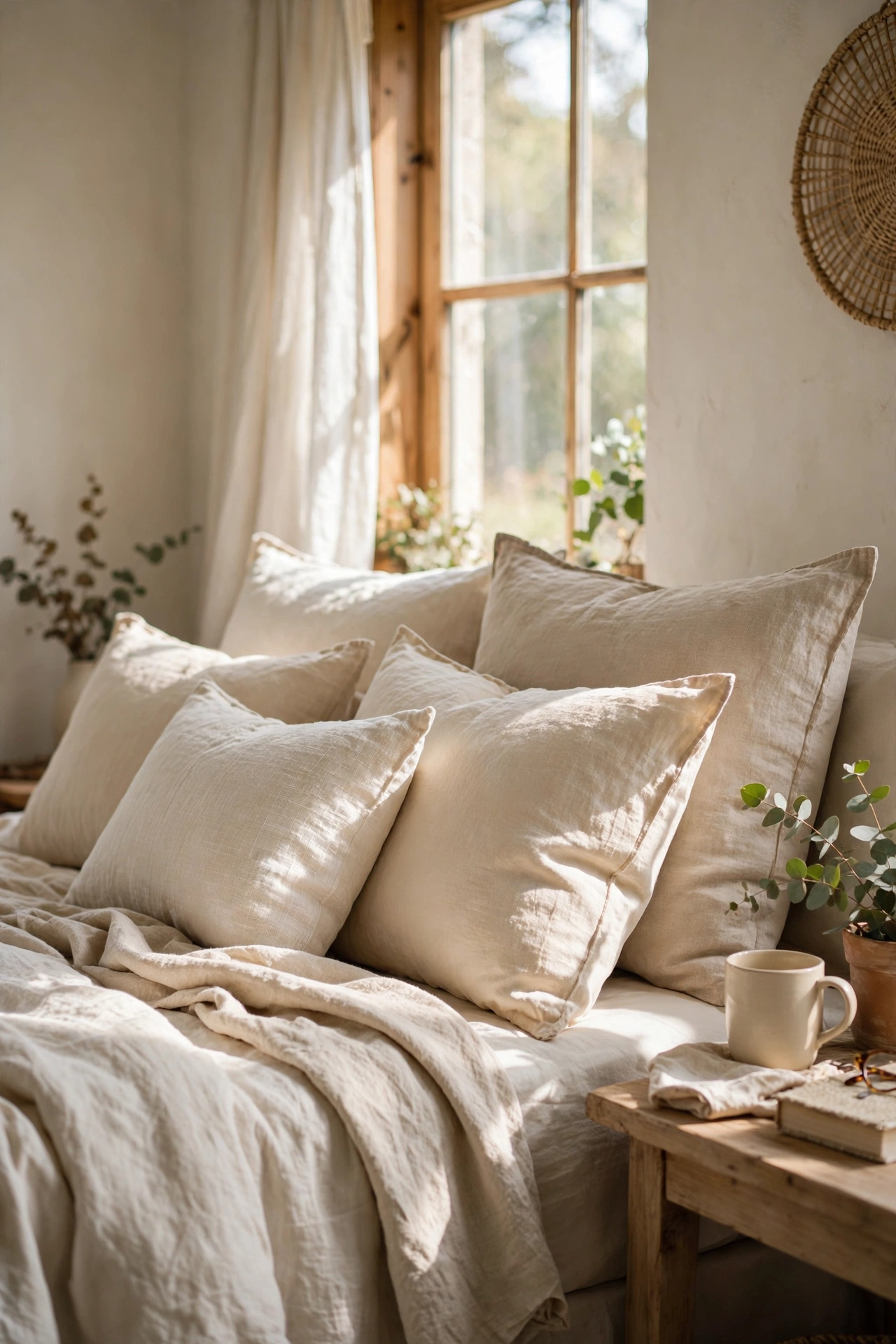 Bed with mixed linen-look pillow covers in cream and beige
