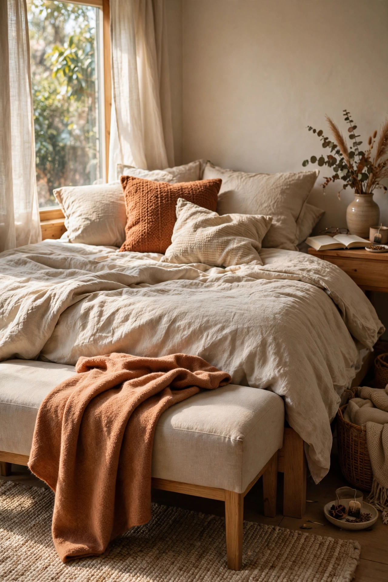 Neutral linen upholstered bench at the foot of a bed