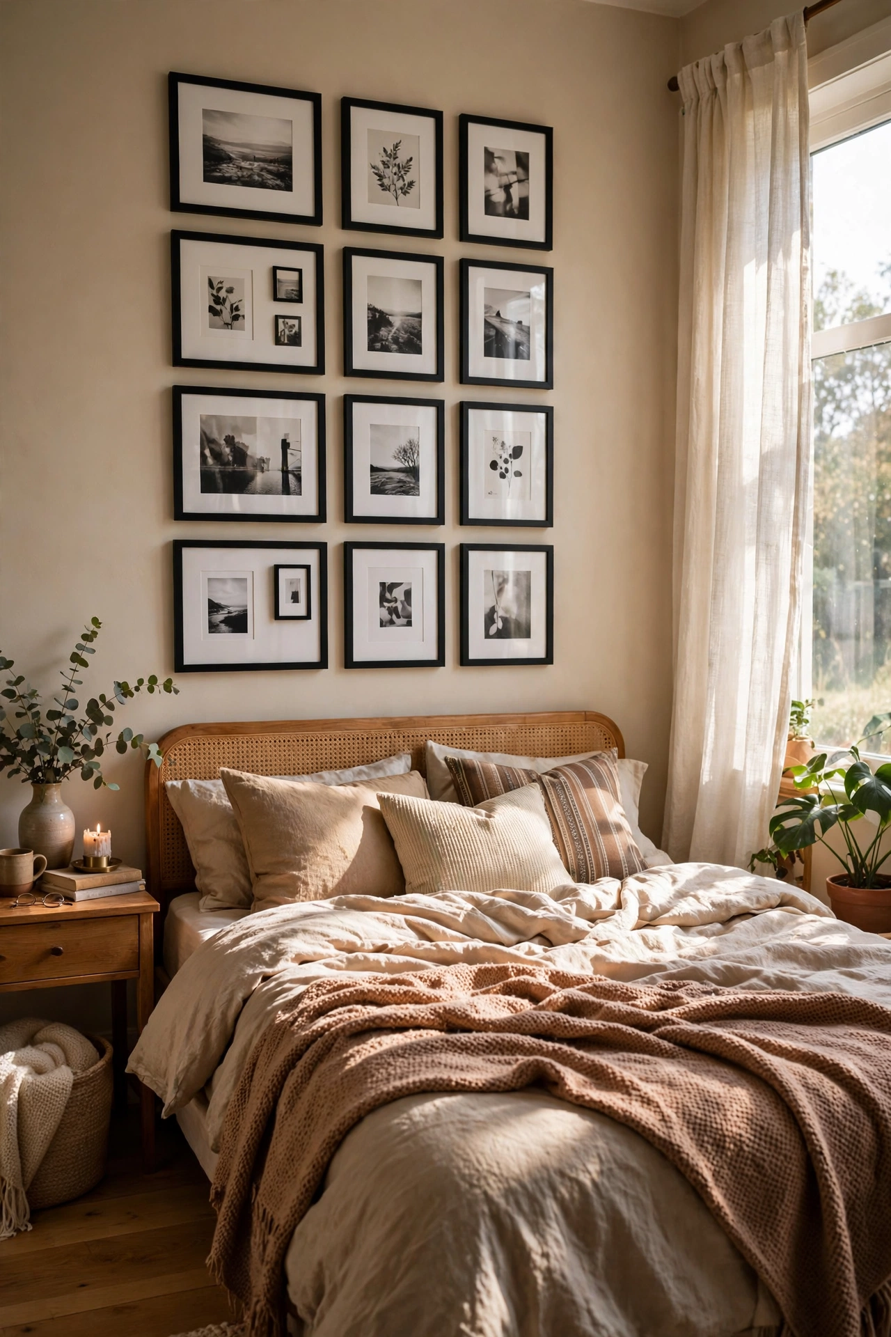 Grid gallery wall of matching black frames above a bed