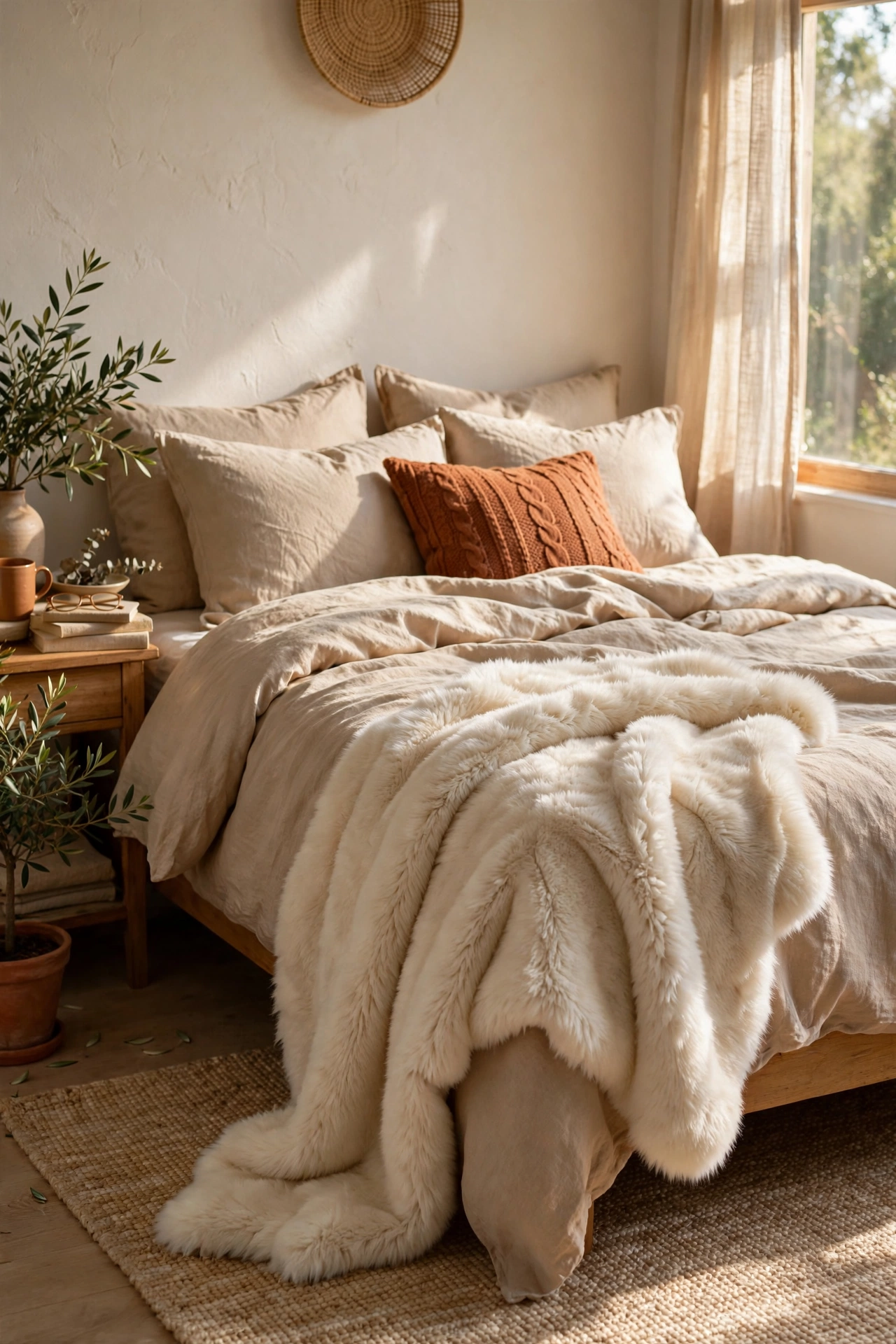 Faux fur throw draped over the foot of a bed