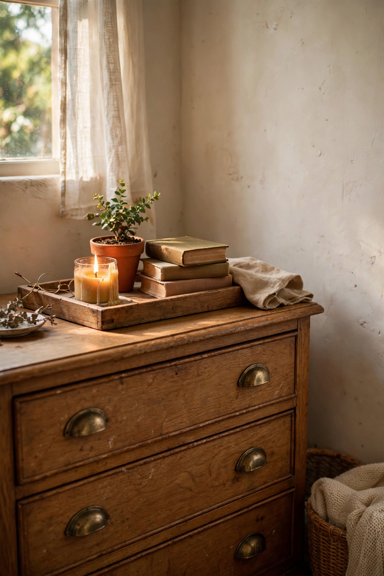Wooden tray with candle, plant and books styled on a dresser