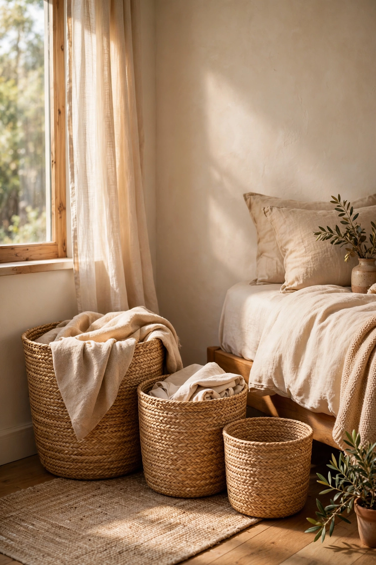 Three graduated seagrass baskets for bedroom storage